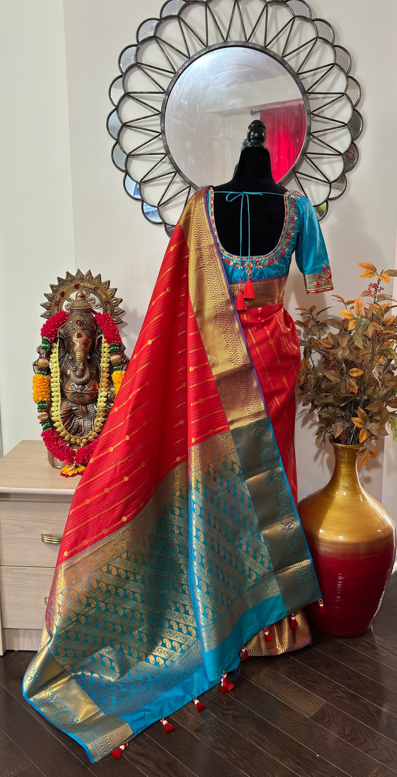 Kanchipuram soft silk saree in rarecolors with beautifully done hand  made embroidered blouse with readytowear work blouse fitsup to32 to 46