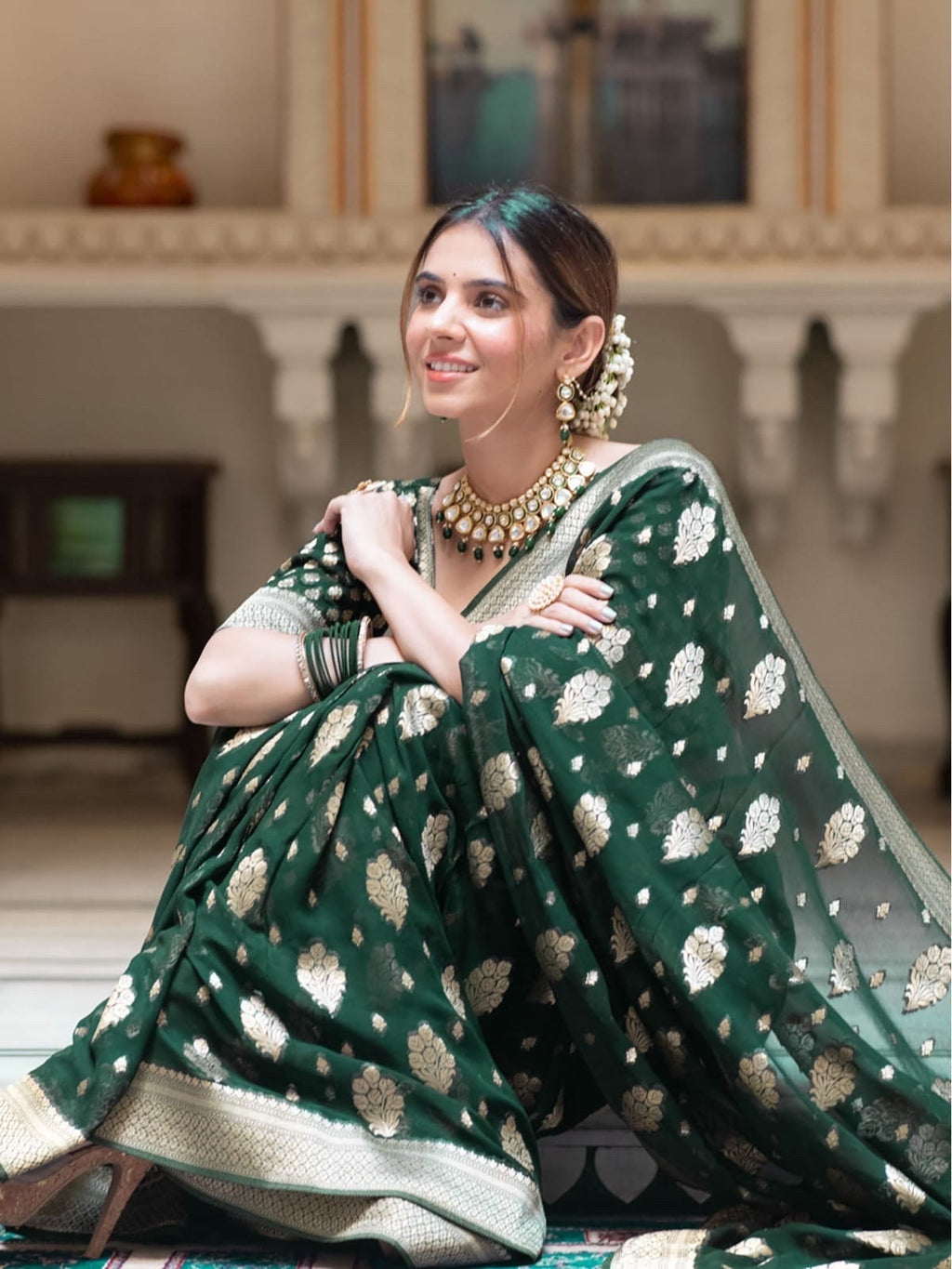 Banarasi handloom khadi georgette soft and falling saree all over beautiful water zari weaving work Any color possible ready to wear blouse