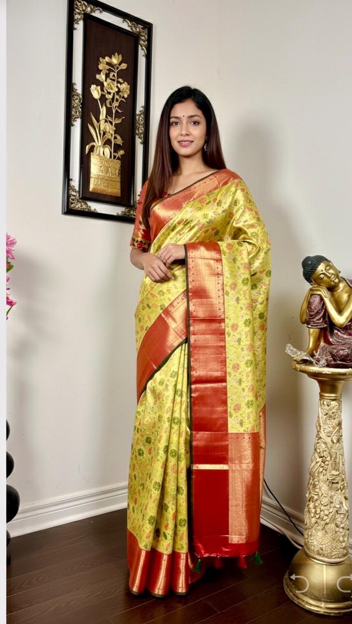 Kanchipuram tissu silk saree in rare colors with beautifully done hand  made embroidered blouse with ready to wear work blouse fits 32 to 46