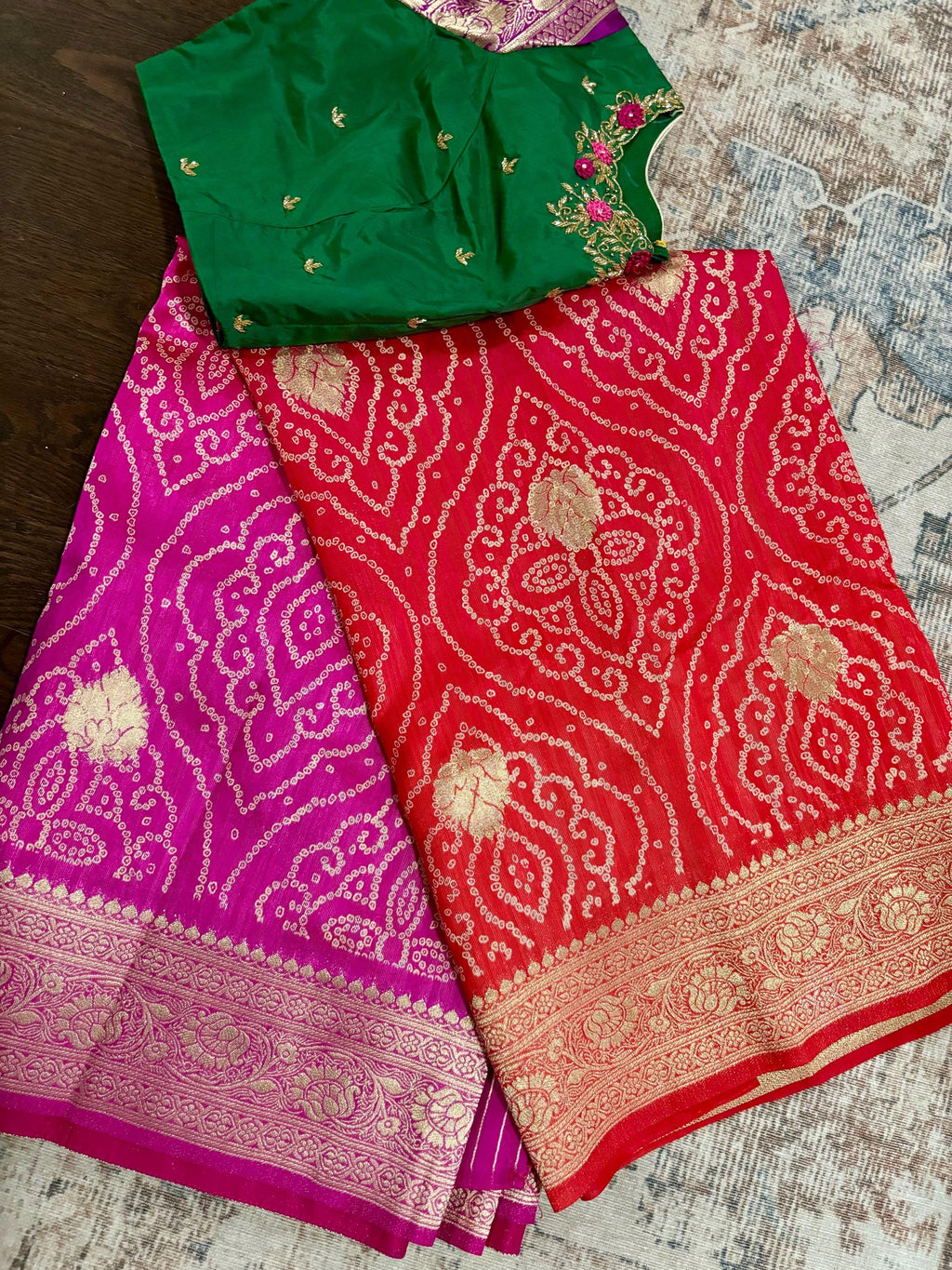 Beautiful cocktail dual shade  bandini silk saree paired up pretty maggam blouse fits  sizes 32 -46 ready to wear prettiest blouse