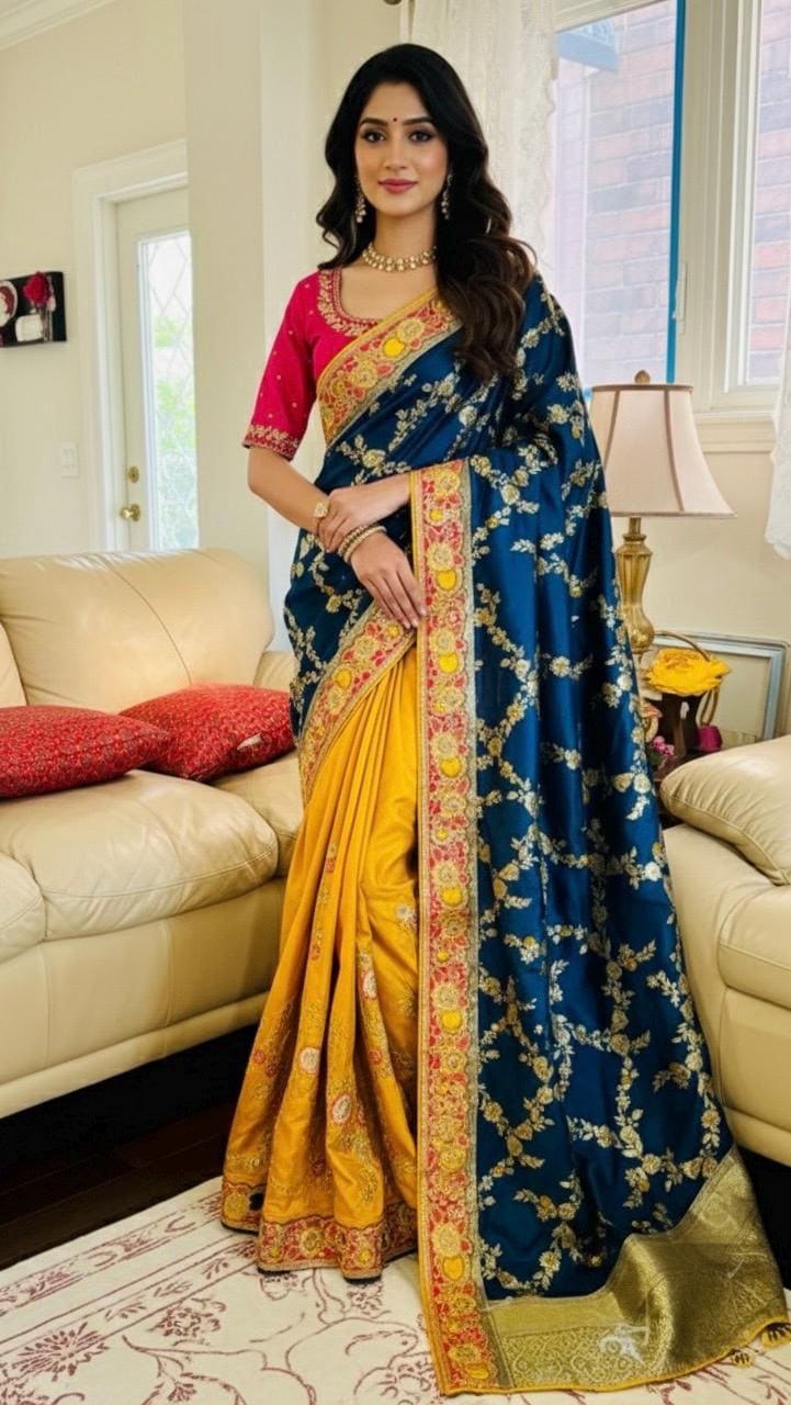 Beautiful party wear cocktail pure silk   Banarasi and Raw mango half and half designer saree paird with pretty maggam blouse 32-40 size