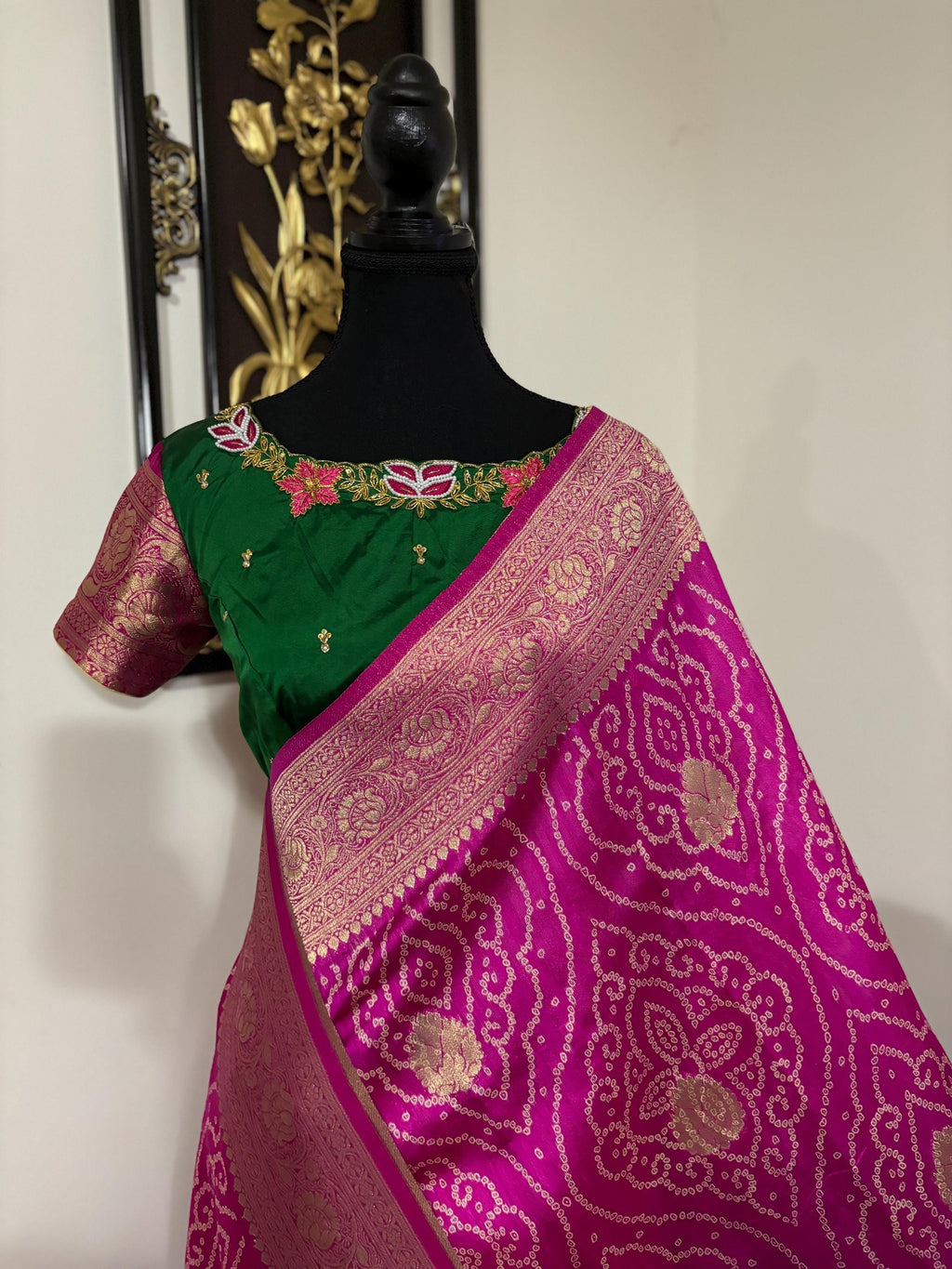 Beautiful cocktail dual shade banarasi  bandhini silk saree paired up pretty maggam blouse fits  sizes 32 -46 ready to wear prettiest blouse