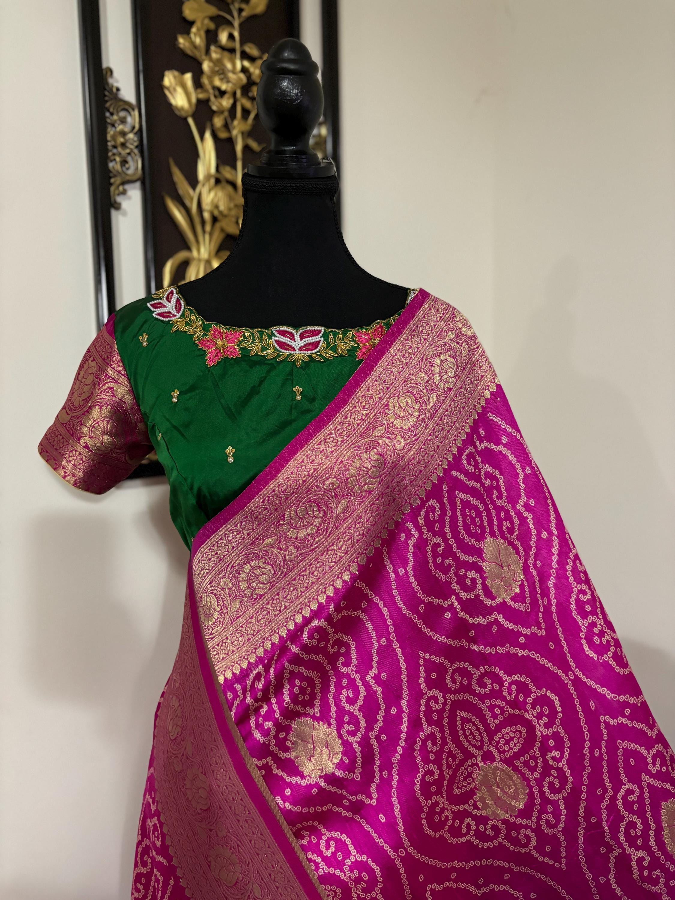 Beautiful cocktail dual shade banarasi  bandhini silk saree paired up pretty maggam blouse fits  sizes 32 -46 ready to wear prettiest blouse