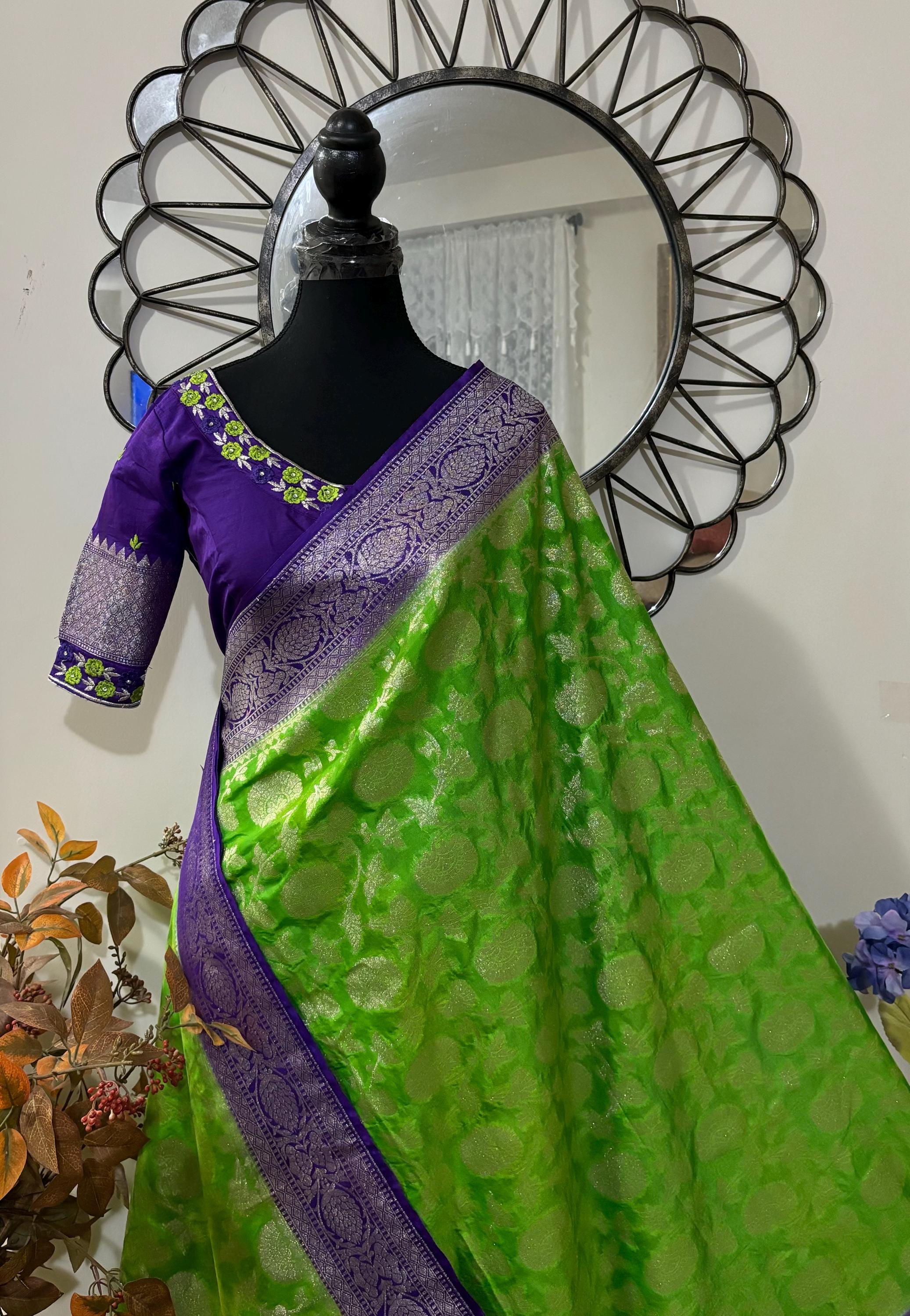 Beautiful banarasi silk saree paired up with beautiful embroidery blouse fits to 32 to 46 in beautiful rare colors all over jaal. Cocktails