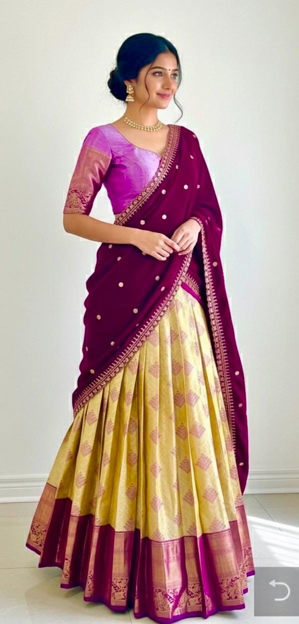 Beautiful colors Kanchi pattu Lihanga with beautiful Kanchi boarder is made of Handloom cloths ready with ready to wear blouse sizes 32 - 48