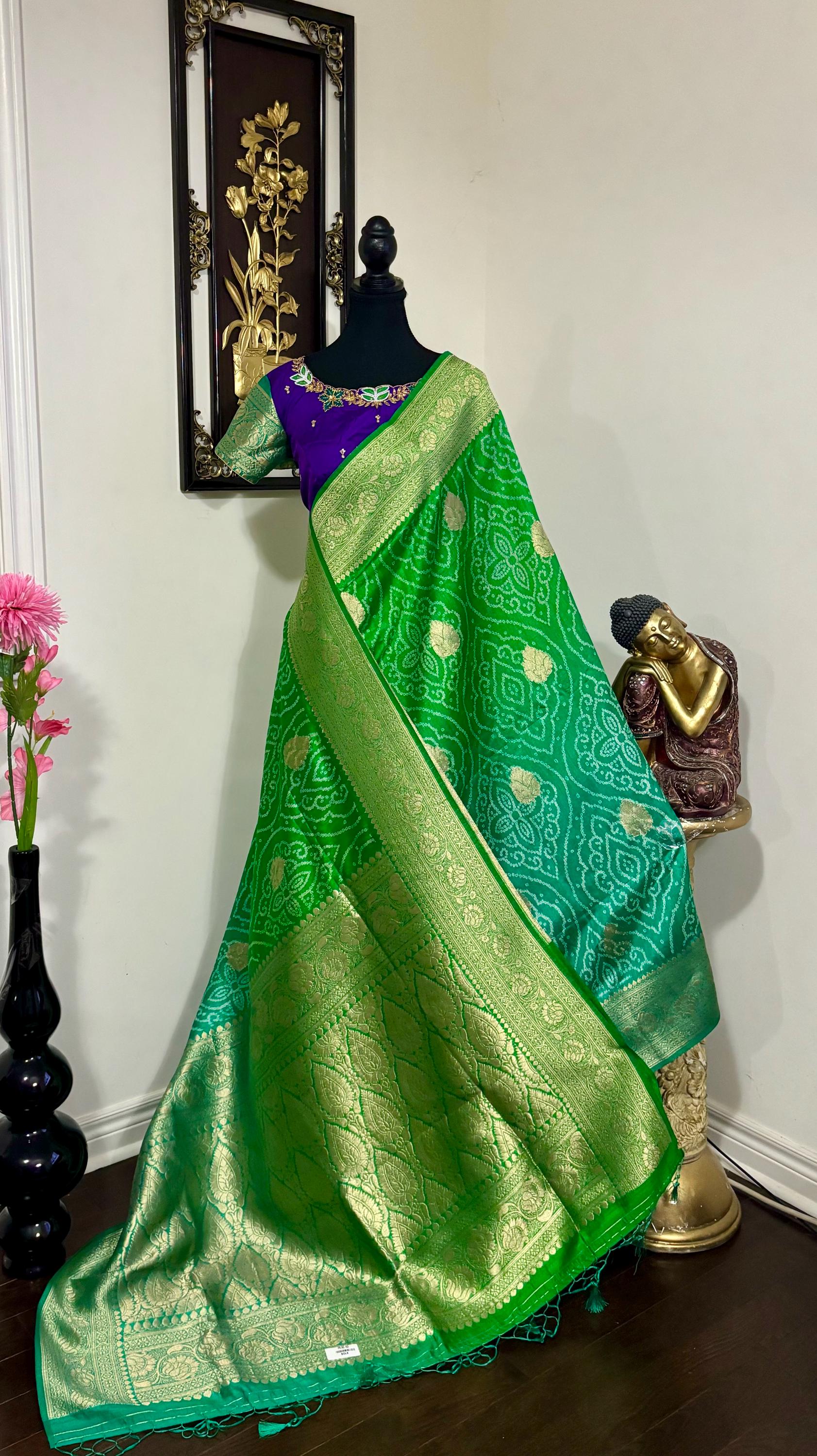 Beautiful cocktail dual shade banarasi  bandhini silk saree paired up pretty maggam blouse fits  sizes 32 -46 ready to wear prettiest blouse