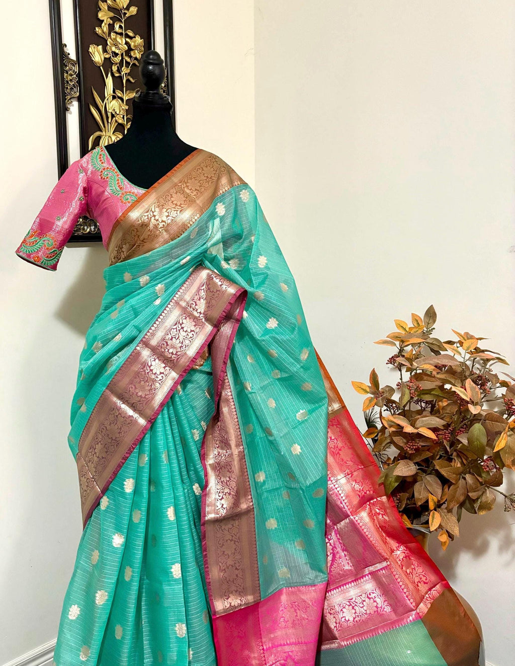 Beautiful Tissue Zari Kota saree with Kanchi  Zari boardes and beautifully done blouse paired up with pretty blouse fits up to 32 to 46
