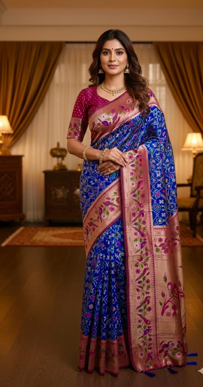 Beautiful patola paithani saree paired up with pretty banaras weaving blouse