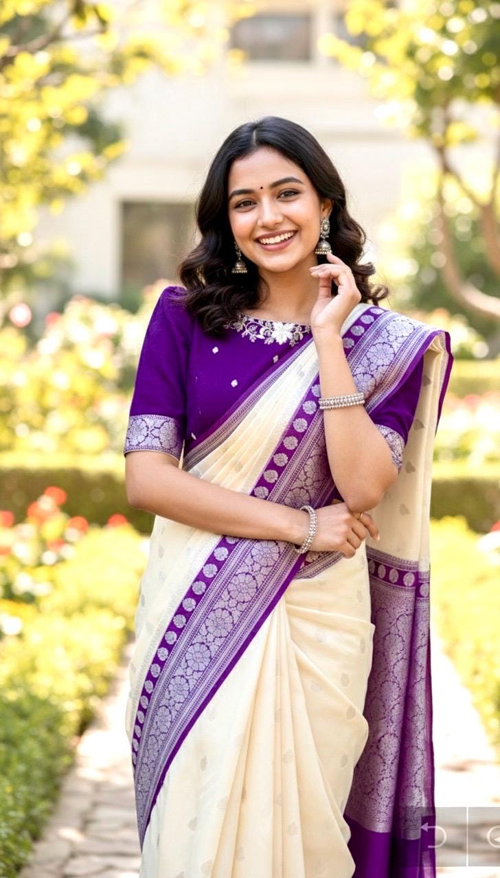 Beautiful banarasi saree paired up with pretty maggam work blouse.