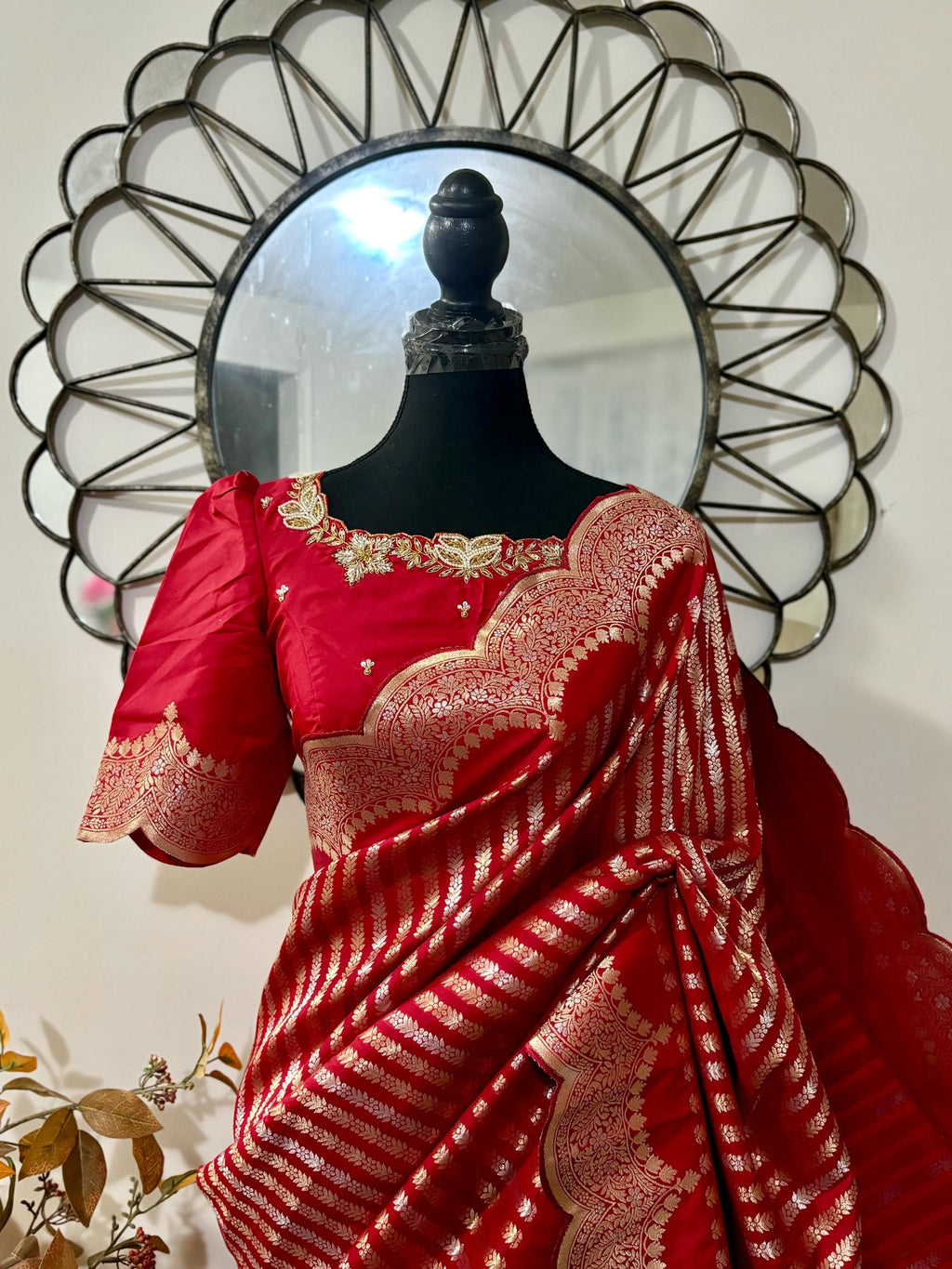 Beautiful Banarasi kataan silk  saree paired up with pretty Maggam work blouse. Blouse sizes can be customized.