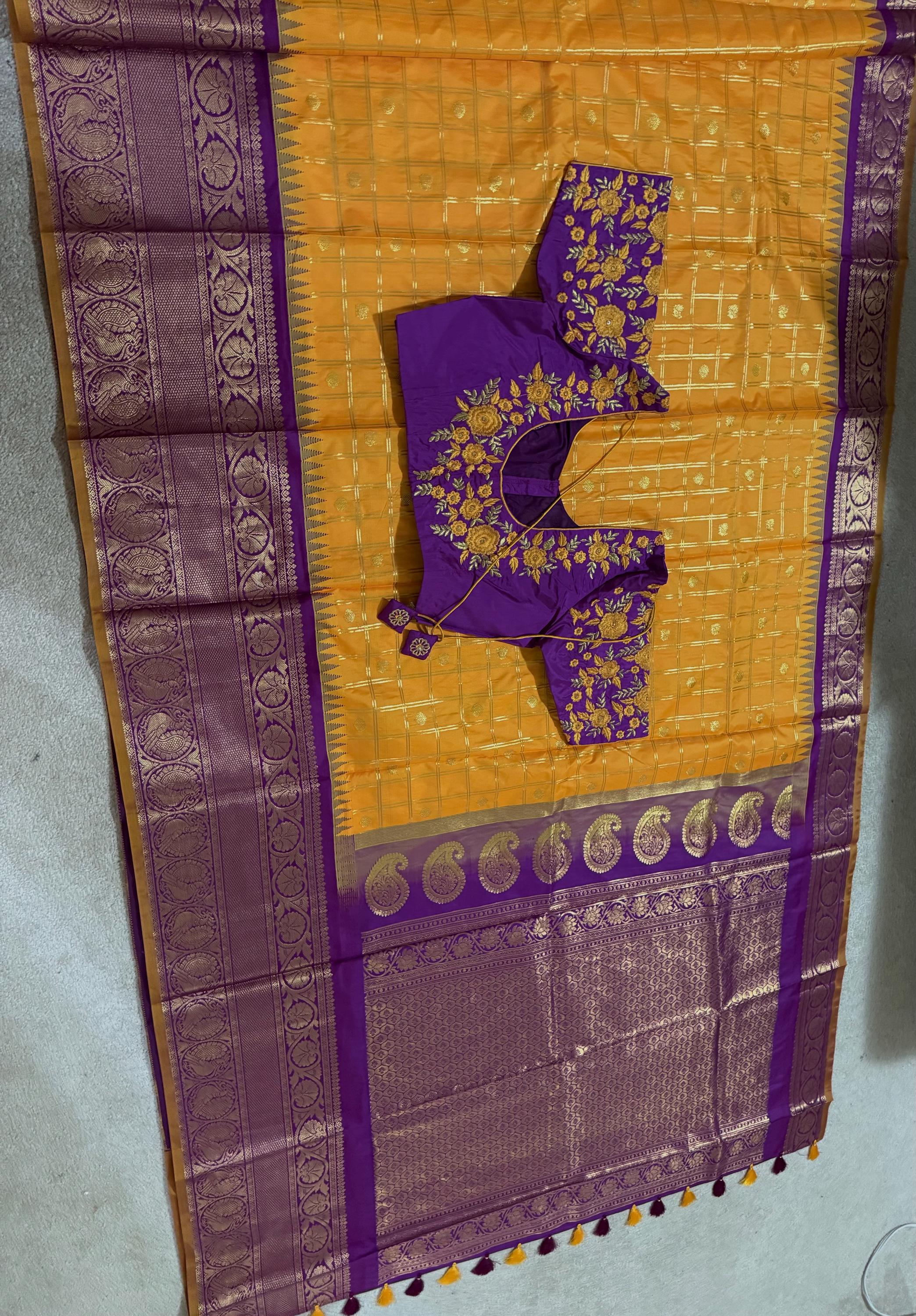 Gadwal Handloom pure silk sarees in rare colors and ready to wear blouse with embroidered blouse fits up to 32 -46 saree is ready fall pico