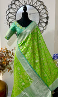 Beautiful banarasi silk saree paired up with beautiful embroidery blouse fits to 32 to 46 in beautiful rare colors all over jaal. Cocktails