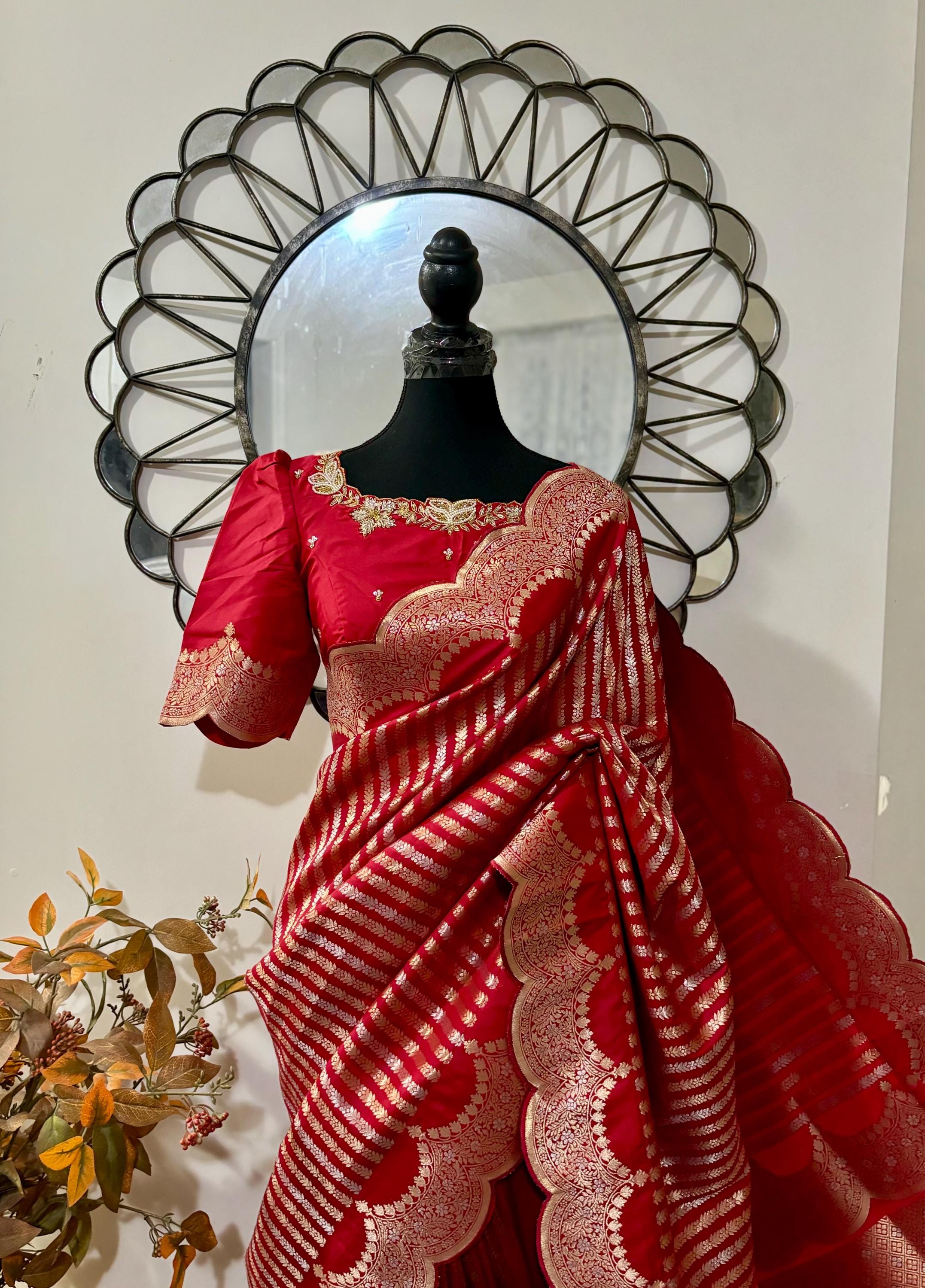 Beautiful Banarasi kataan silk  saree paired up with pretty Maggam work blouse. Blouse sizes can be customized.