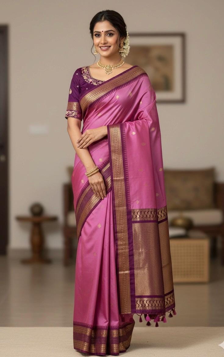 Gadwal Handloom pure silk sarees in rare colors and ready to wear blouse with embroidered blouse fits up to 32 -46 saree is ready fall pico