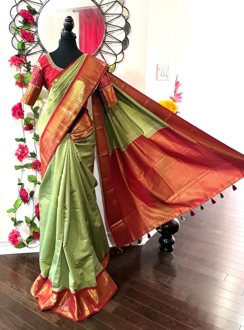 Kanchipuram soft silk saree in rare colors with beautifully done hand  made embroidered blouse with ready to wear work blouse fits 32 to 46