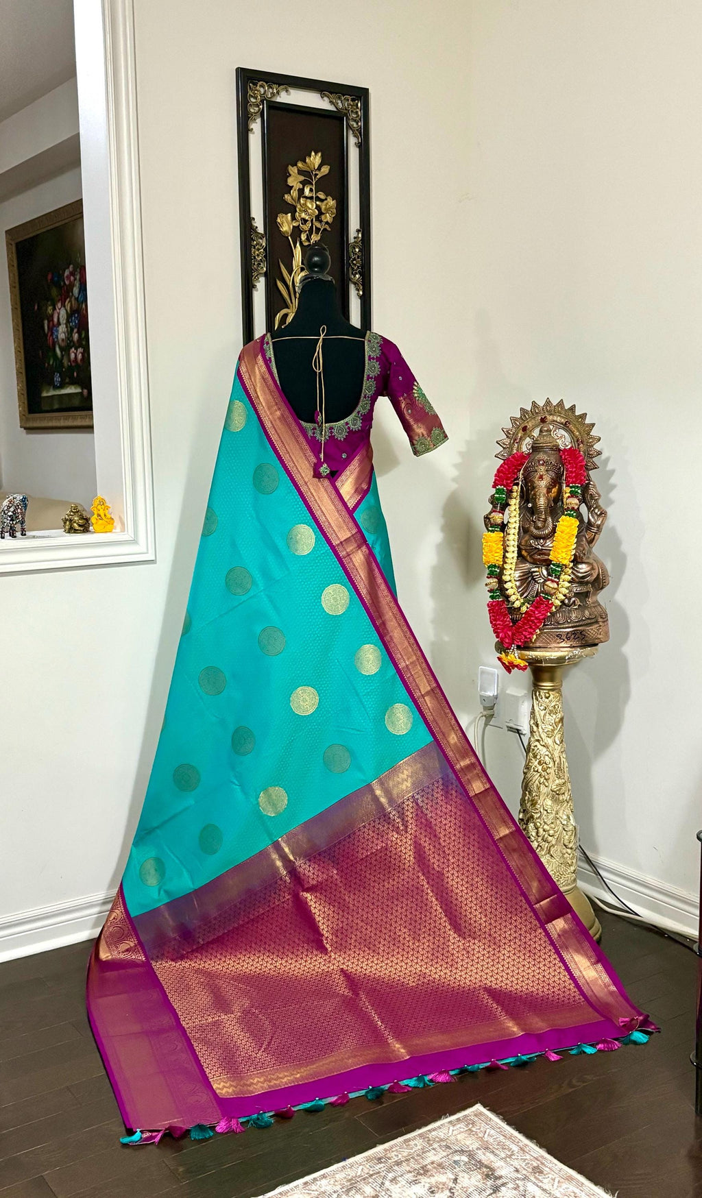Kanchipuram soft silk saree in rare colors with beautifully done hand  made embroidered blouse with ready to wear work blouse fits 32 to 46
