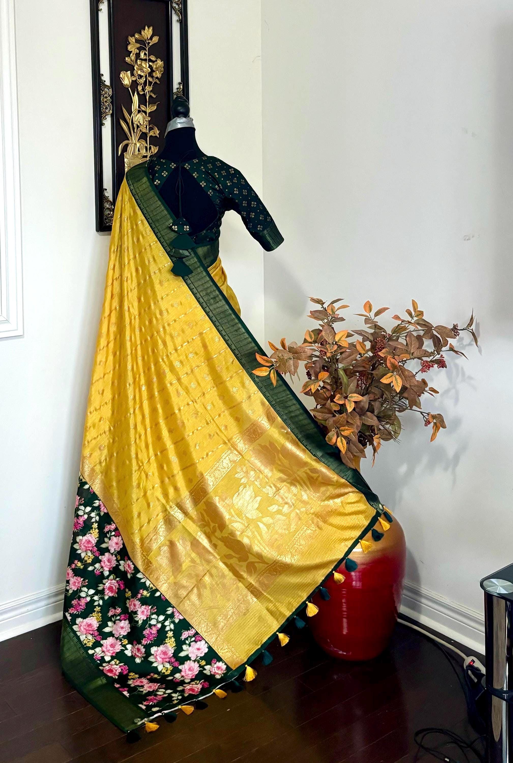 Light weight easy to drape Soft Silk fancy Saree; with beautiful pythani boarder, with Pochampalli design ready to wear Blouse fits 32-46