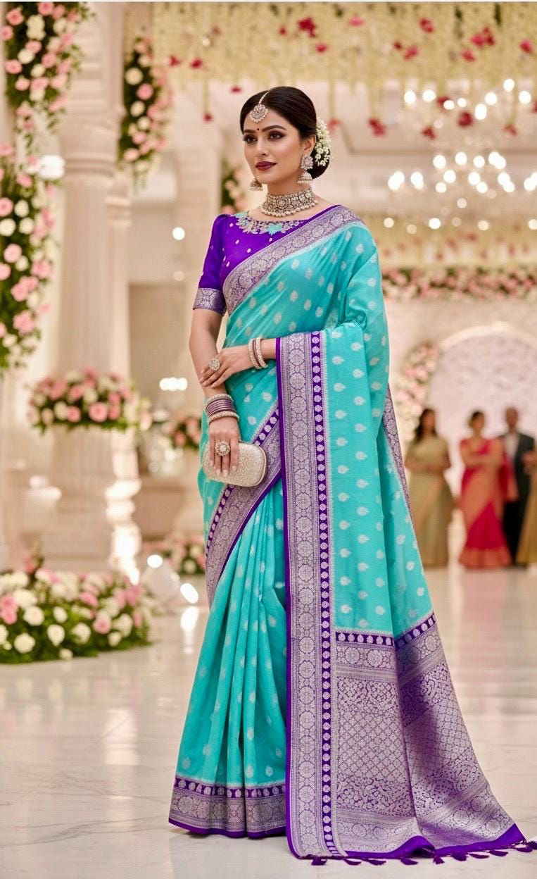 Handloom  banarasi kattan saree paired up with pretty maggam work blouse. ready to wear maggam blouse fits to 32-46 swipe left choose color