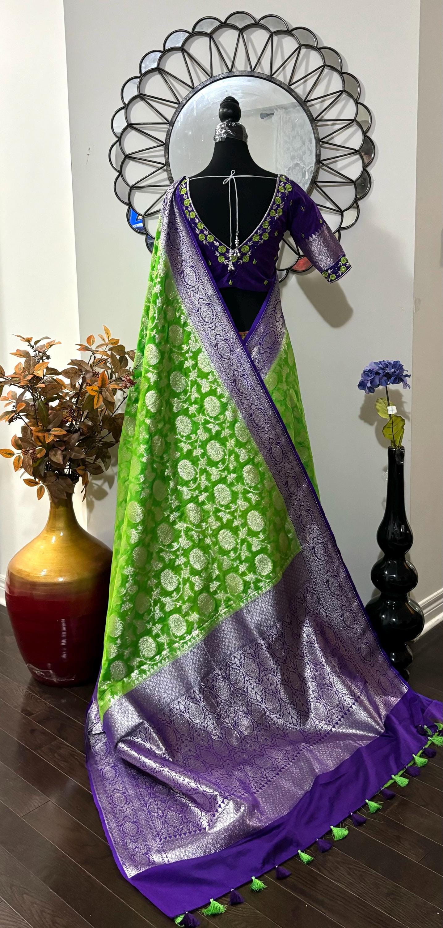 Beautiful banarasi silk saree paired up with beautiful embroidery blouse fits to 32 to 46 in beautiful rare colors all over jaal. Cocktails