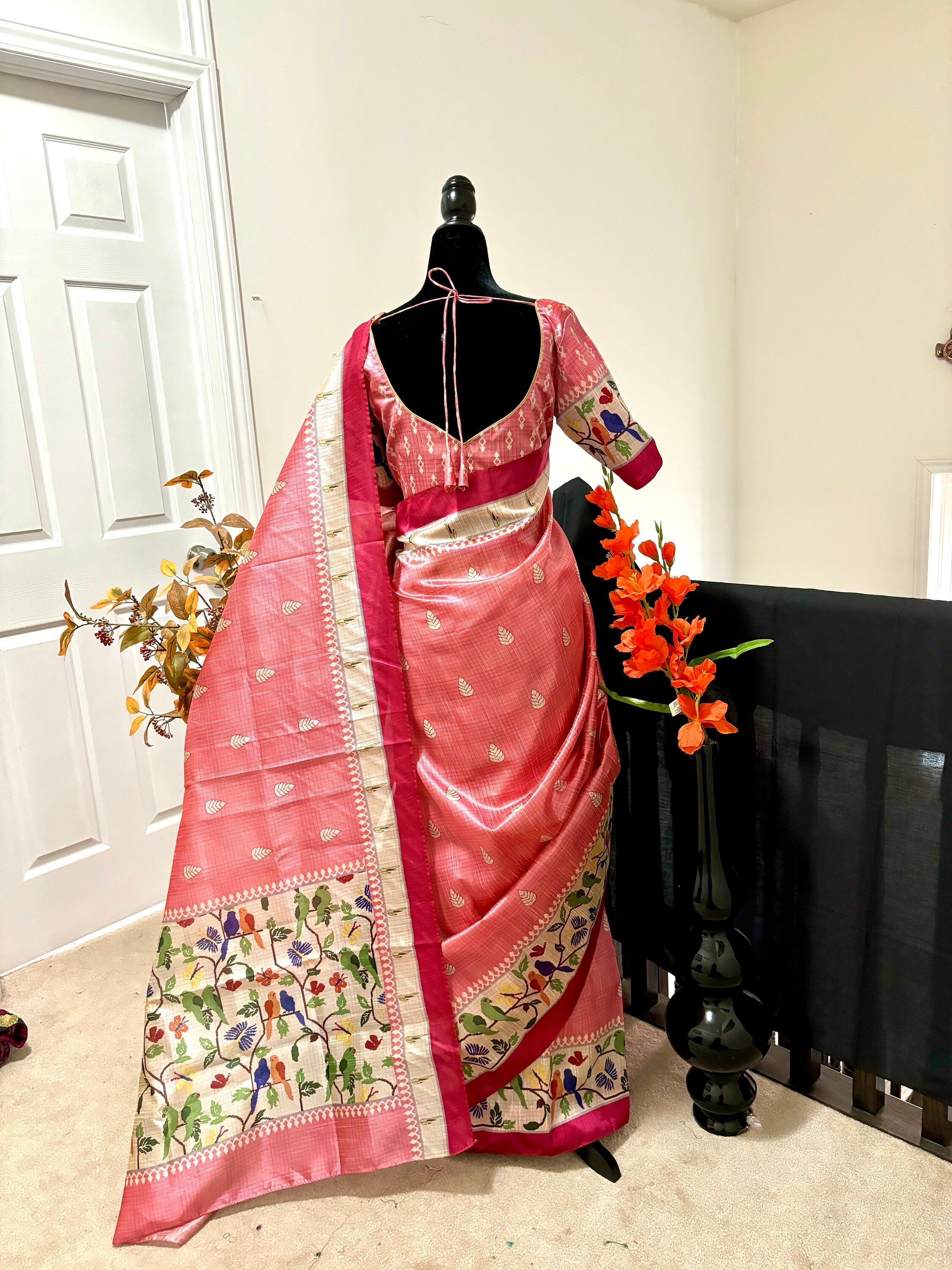 soft and smooth tussar sarees with indeed digital print _Paithani design all over saree ready to wear blouse fits to 32-46