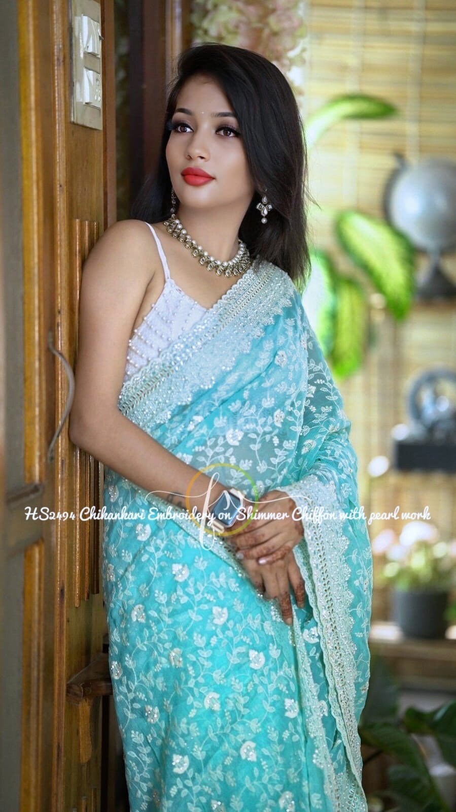 Stunning shimmer georgette saree with Chikenkari work ask seller for availability before placing the order