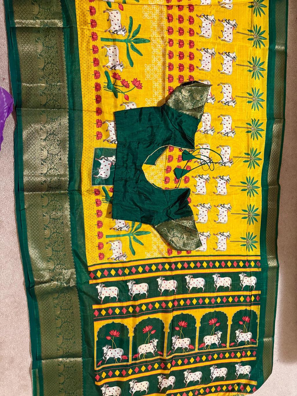 Beautiful Pichwai Kalamkari Prints soft silk saree with Kanchi boarder lotus and cow  prints Saree is ready with blouse and fall and pico