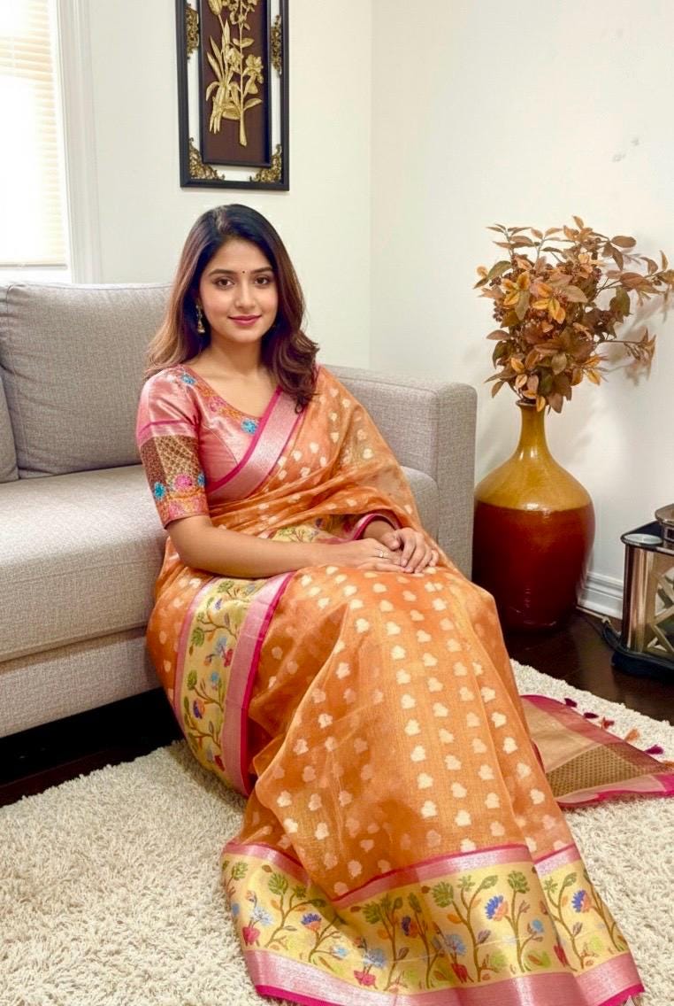 Beautiful Tissue Zari Kota saree with pythani  Zari boardes and beautifully done blouse paired up with pretty blouse fits up to 32 to 46