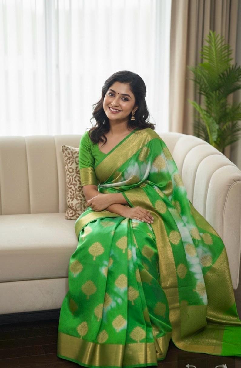 Banarasi kora organza saree with beautiful tie and dye all over the saree. Saree is ready with beautiful designer blouse that fit to 32-46