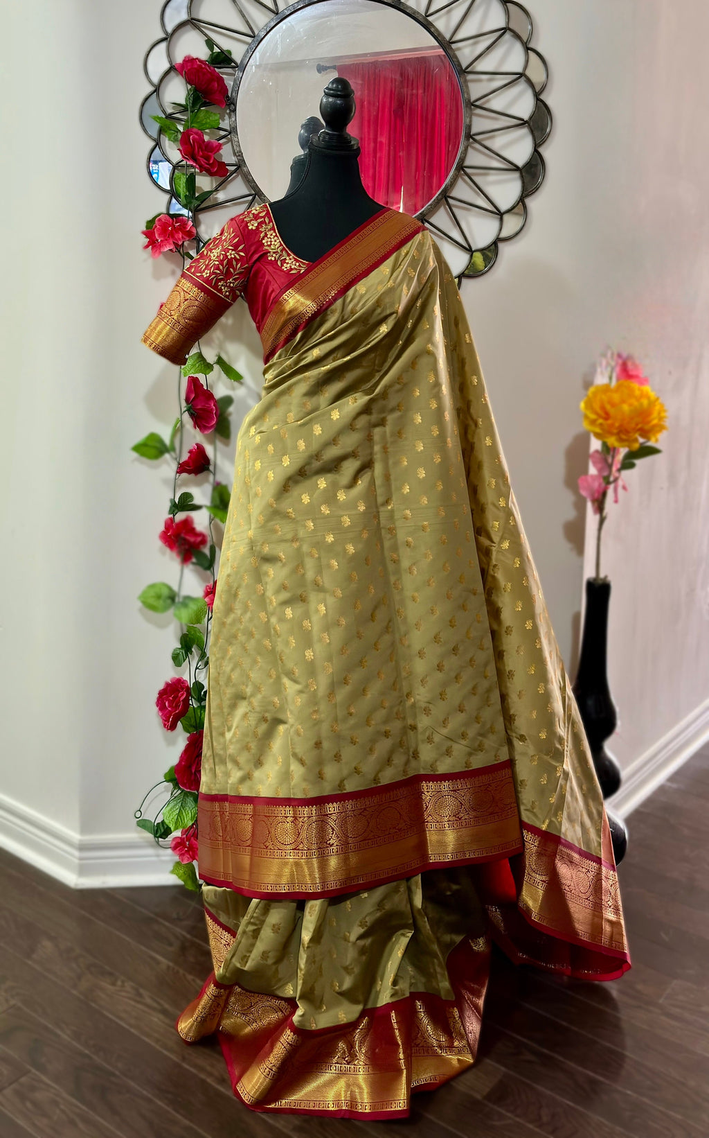 Kanchipuram soft silk saree in rarecolors with beautifully done hand  made embroidered blouse with readytowear work blouse fitsup to32 to 46