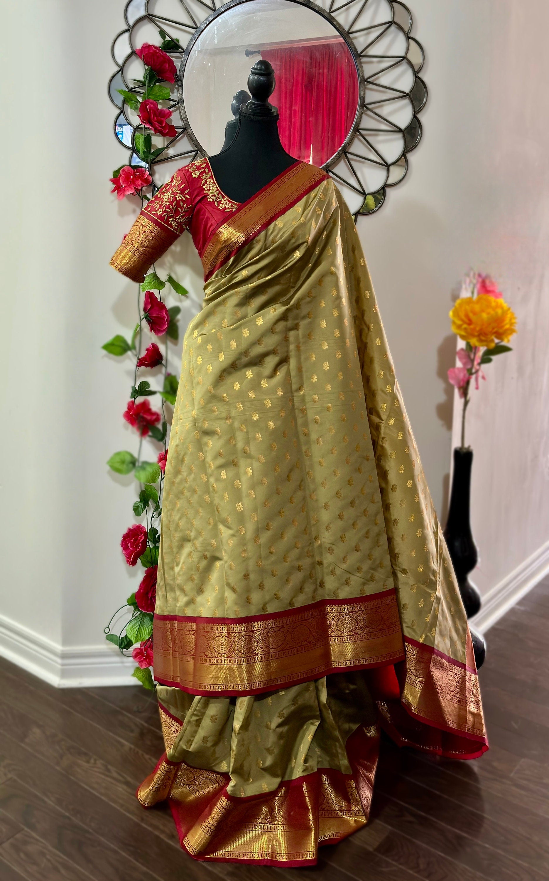 Kanchipuram soft silk saree in rarecolors with beautifully done hand  made embroidered blouse with readytowear work blouse fitsup to32 to 46
