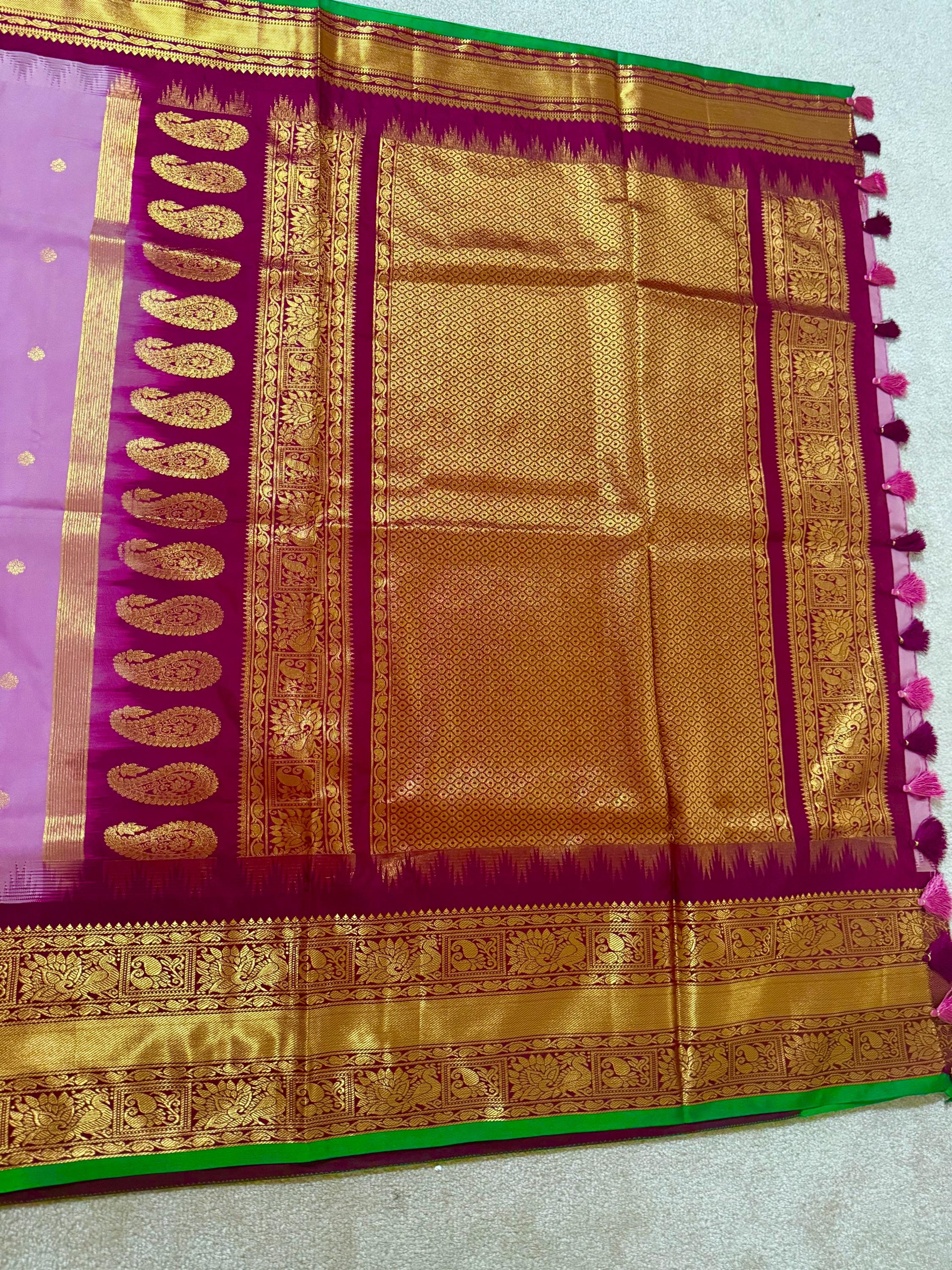 Gadwal Handloom pure silk sarees in rare colors and ready to wear blouse with embroidered blouse fits up to 32 -46 saree is ready fall pico