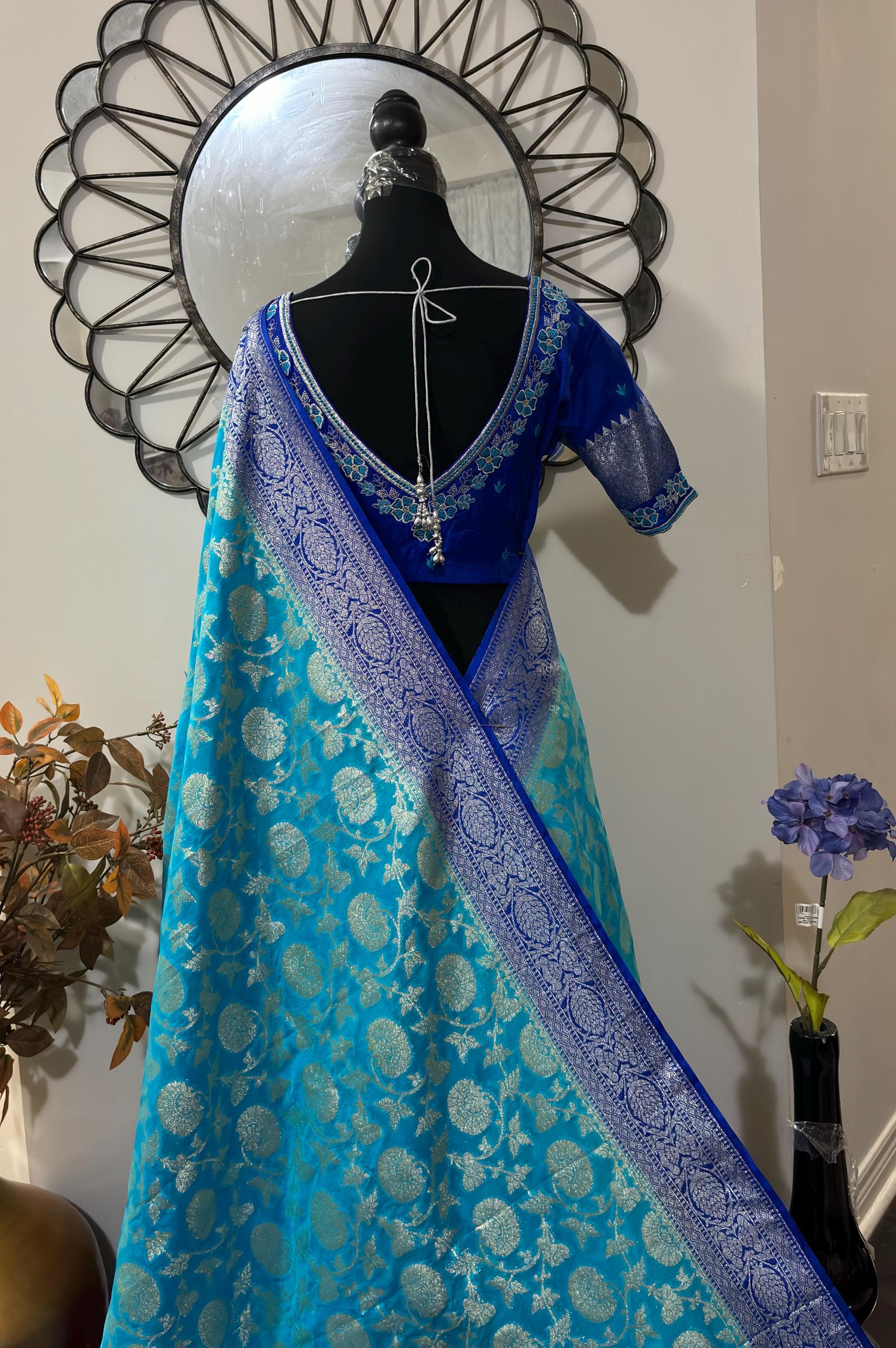 Beautiful banarasi silk saree paired up with beautiful embroidery blouse fits to 32 to 46 in beautiful rare colors all over jaal. Cocktails