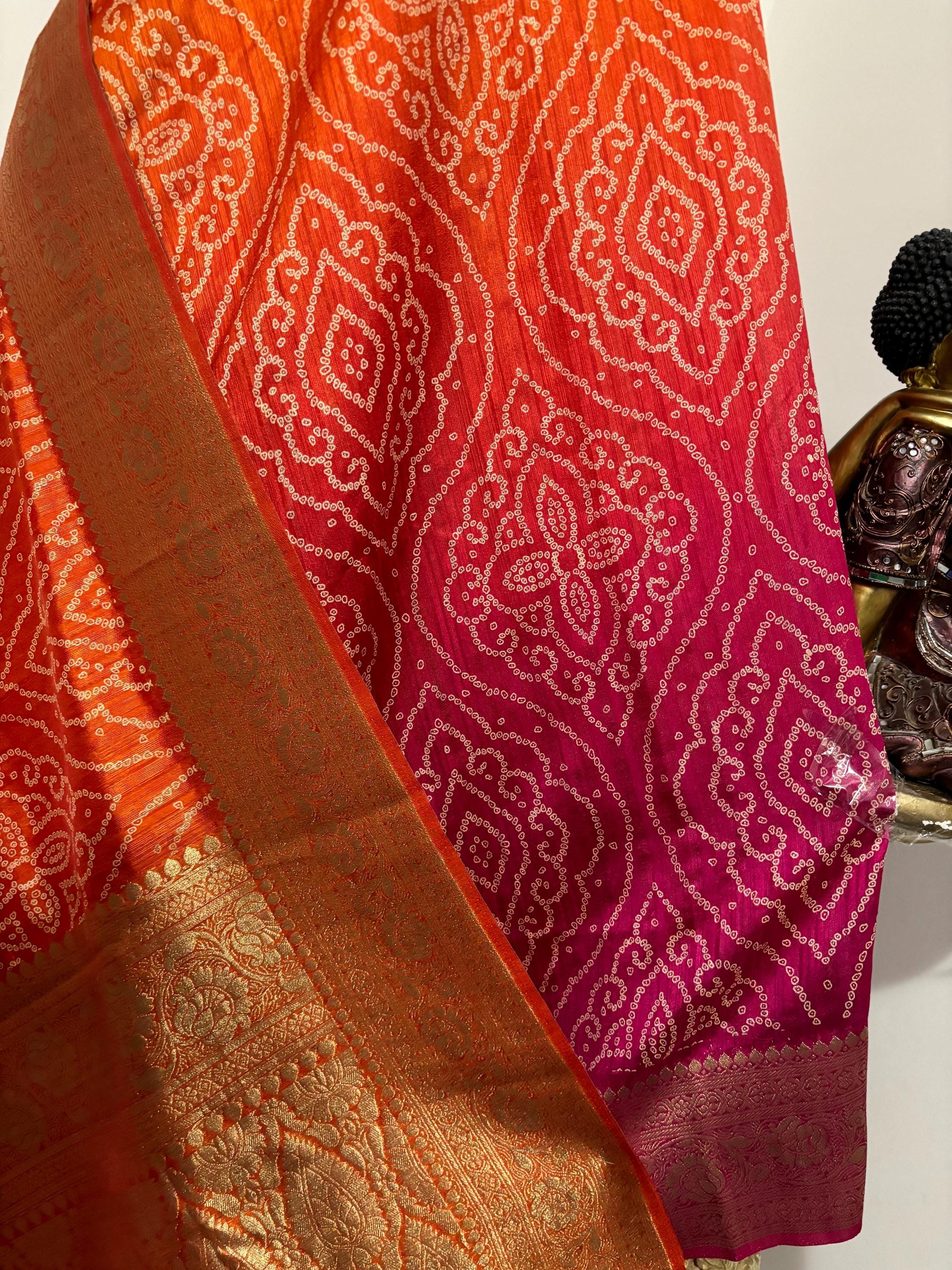 Beautiful cocktail dual shade banarasi  bandhini silk saree paired up pretty maggam blouse fits  sizes 32 -46 ready to wear prettiest blouse