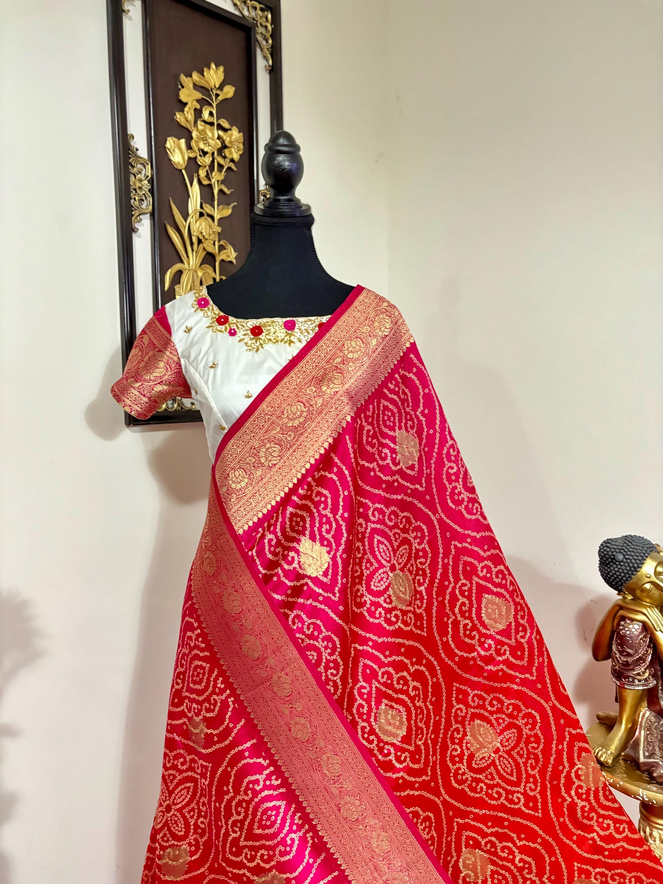Beautiful cocktail dual shade banarasi  bandhini silk saree paired up pretty maggam blouse fits  sizes 32 -46 ready to wear prettiest blouse