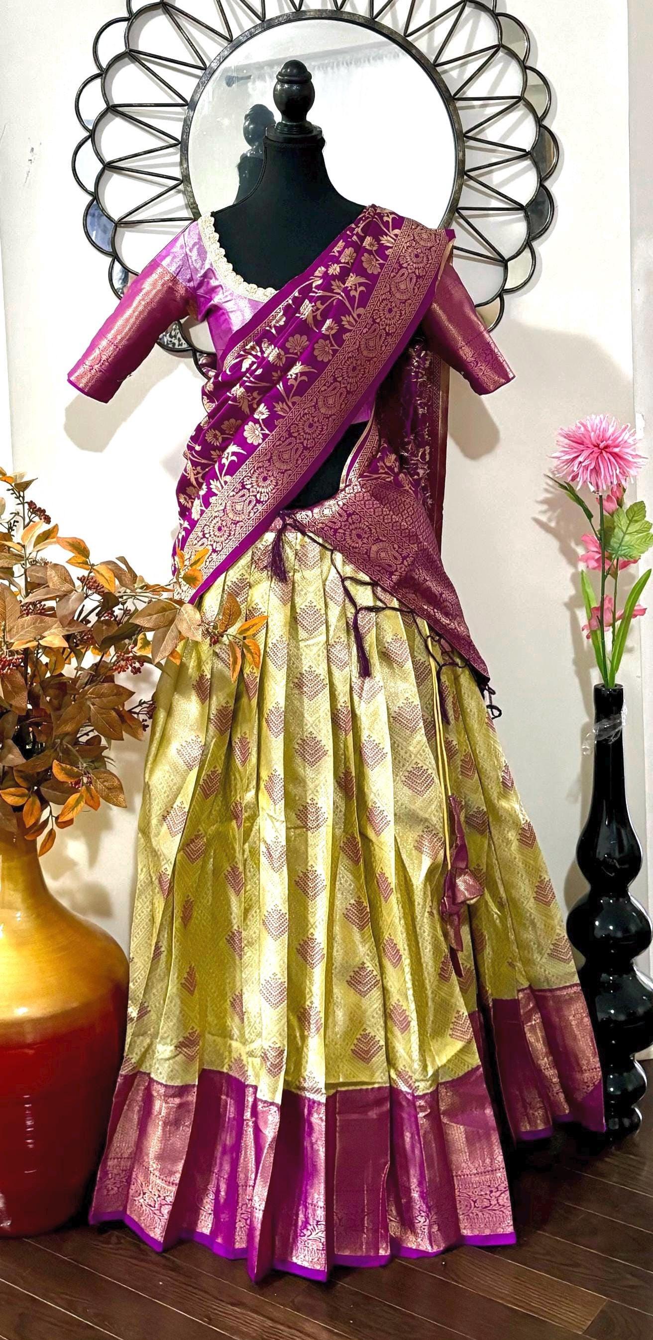 Beautiful colors Kanchi pattu Lihanga with beautiful Kanchi boarder is made of Handloom cloths ready with ready to wear blouse sizes 32 - 48