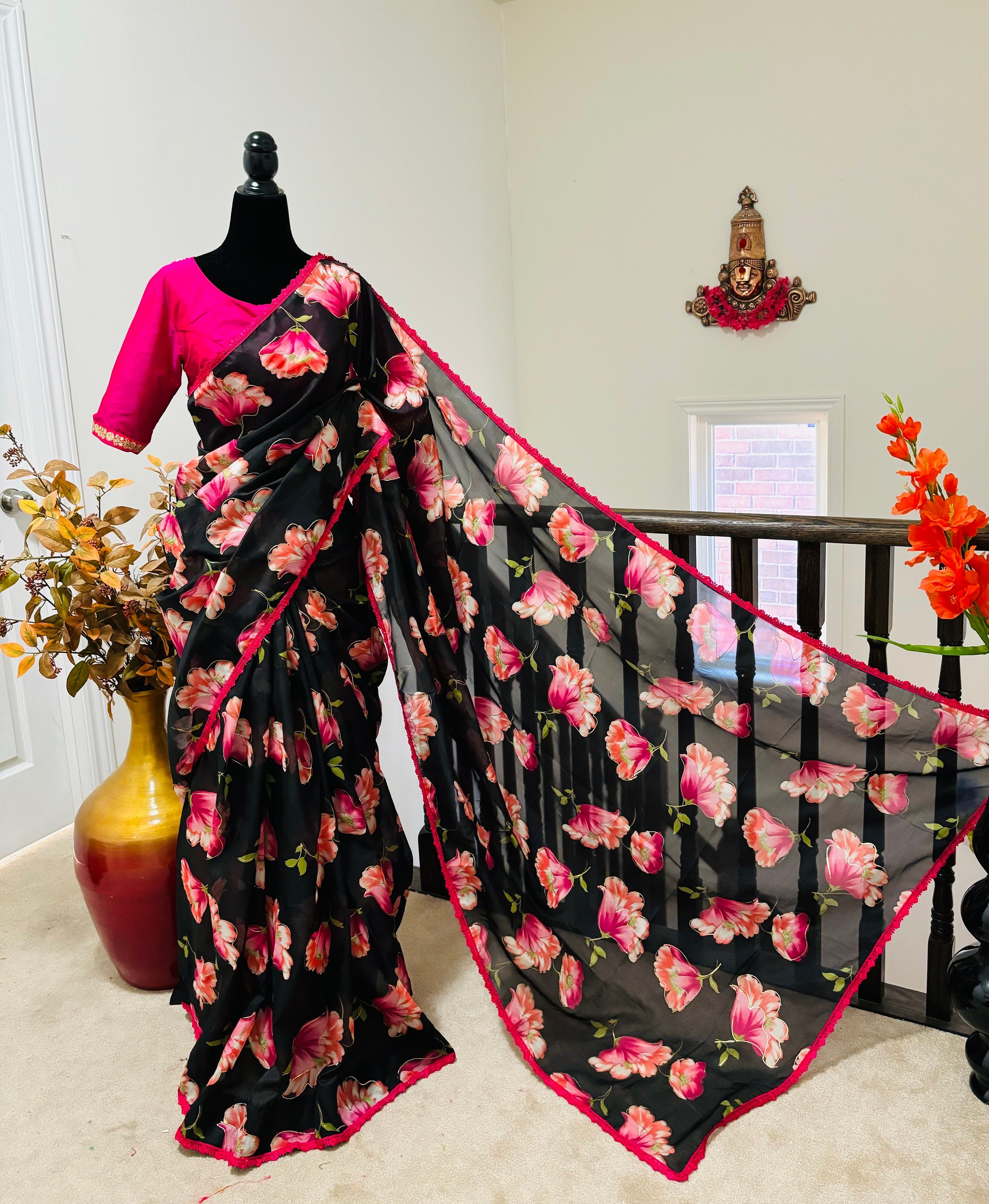 Beautiful Designer floral soft Organza Saree with beautiful lace ready to wear designer blouse fits to 32 to 46
