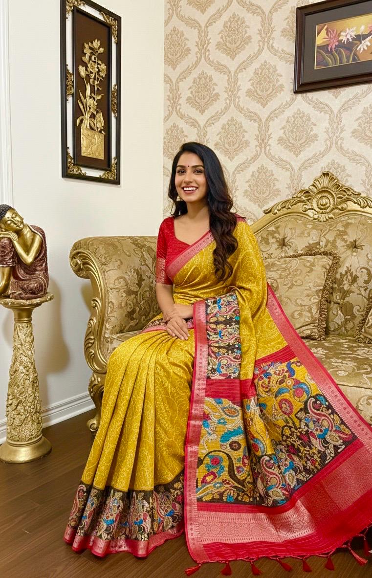 Beautiful Light weight Emarald silk saree  with Kanchi boarder  Bhandini prints ready blouse fits 32 to 46 with beautiful color combo