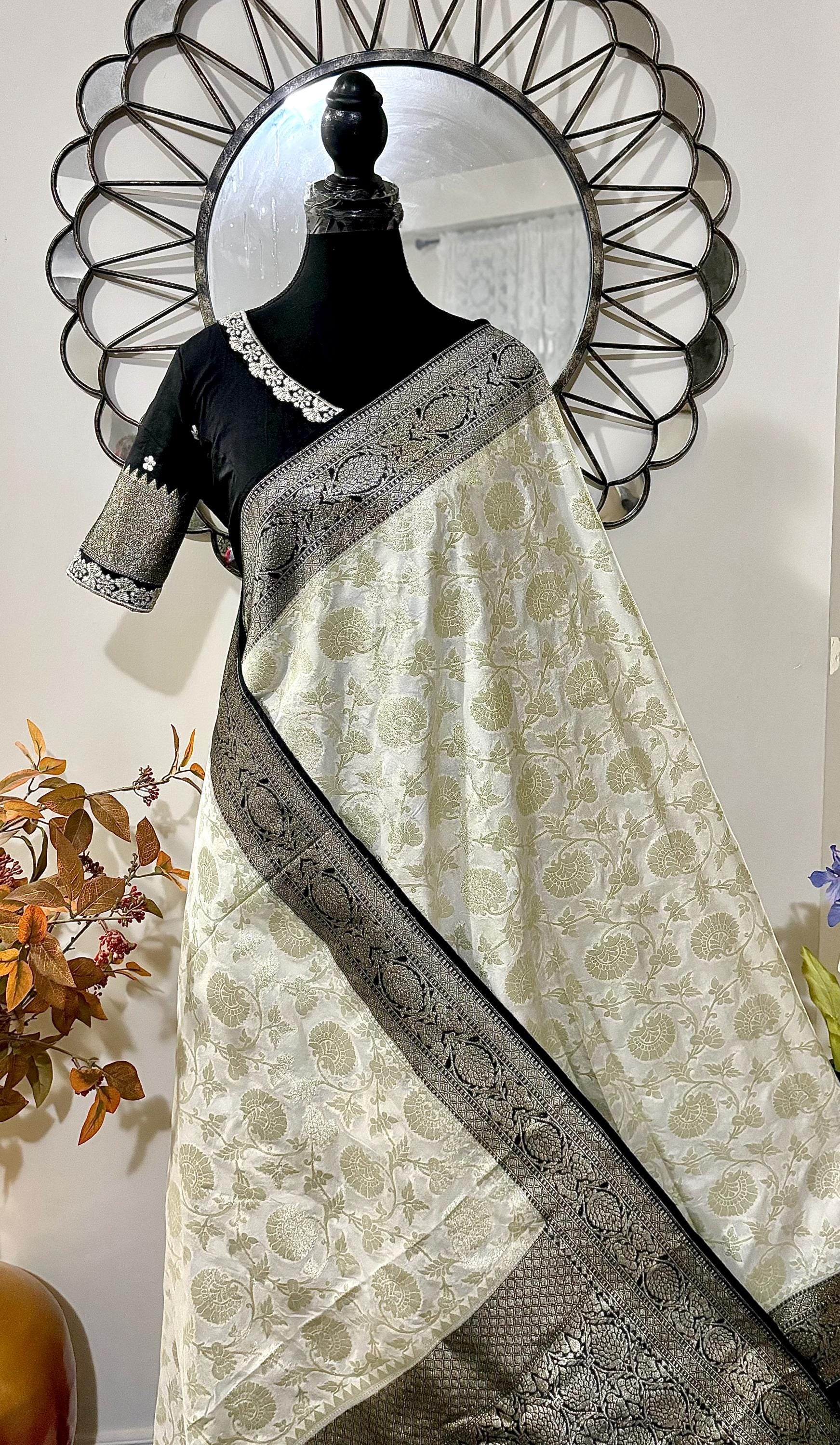 Beautiful banarasi silk saree paired up with beautiful embroidery blouse fits to 32 to 46 in beautiful rare colors all over jaal. Cocktails