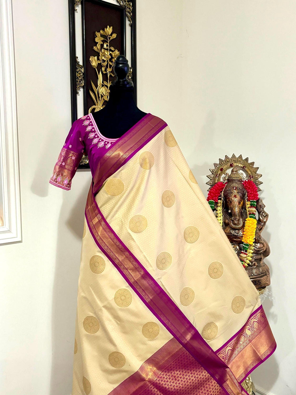 Kanchipuram soft silk saree in rare colors with beautifully done hand  made embroidered blouse with ready to wear work blouse fits 32 to 46
