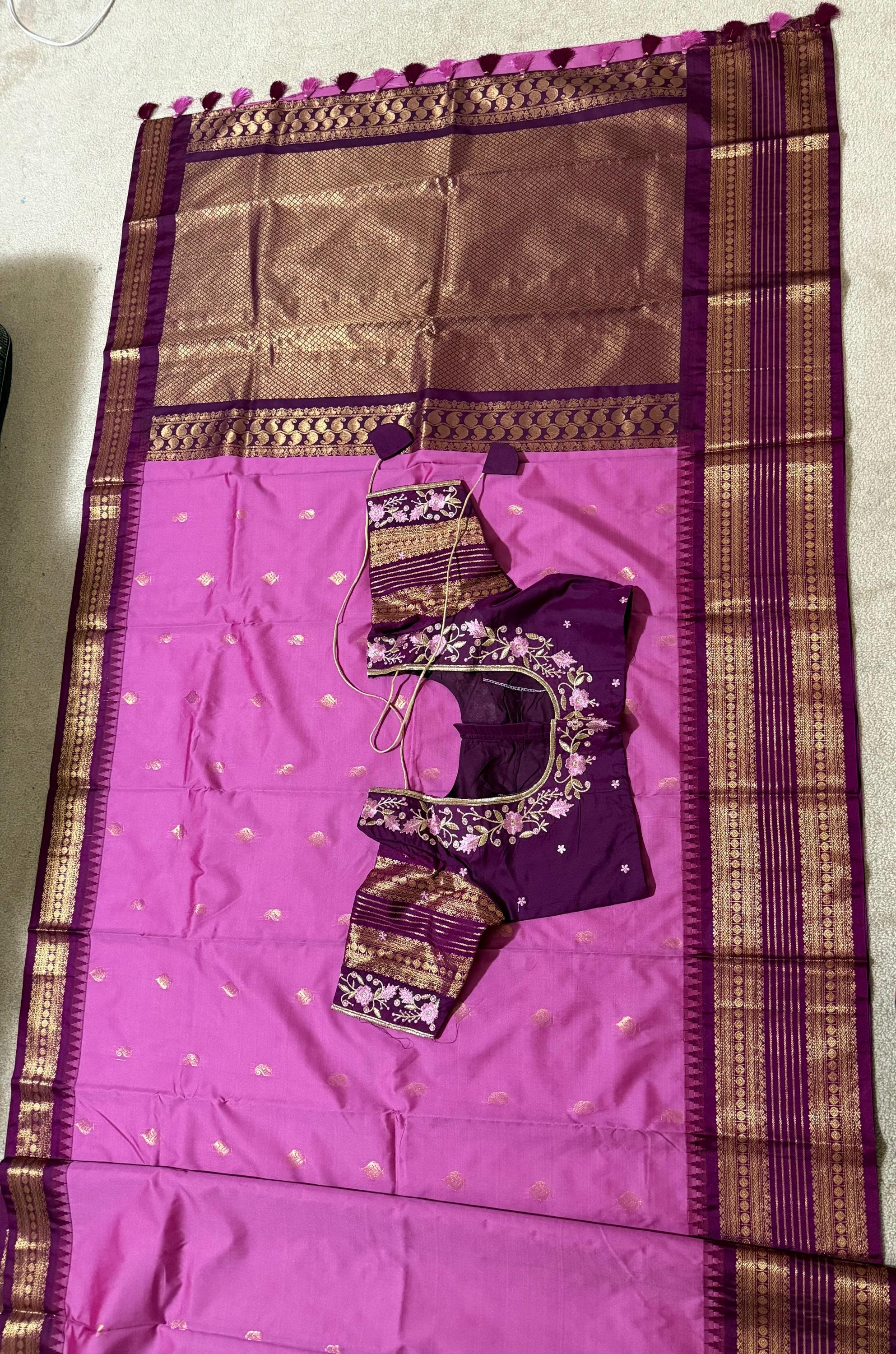Gadwal Handloom pure silk sarees in rare colors and ready to wear blouse with embroidered blouse fits up to 32 -46 saree is ready fall pico
