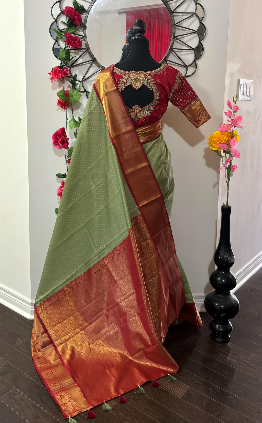 Kanchipuram soft silk saree in rare colors with beautifully done hand  made embroidered blouse with ready to wear work blouse fits 32 to 46
