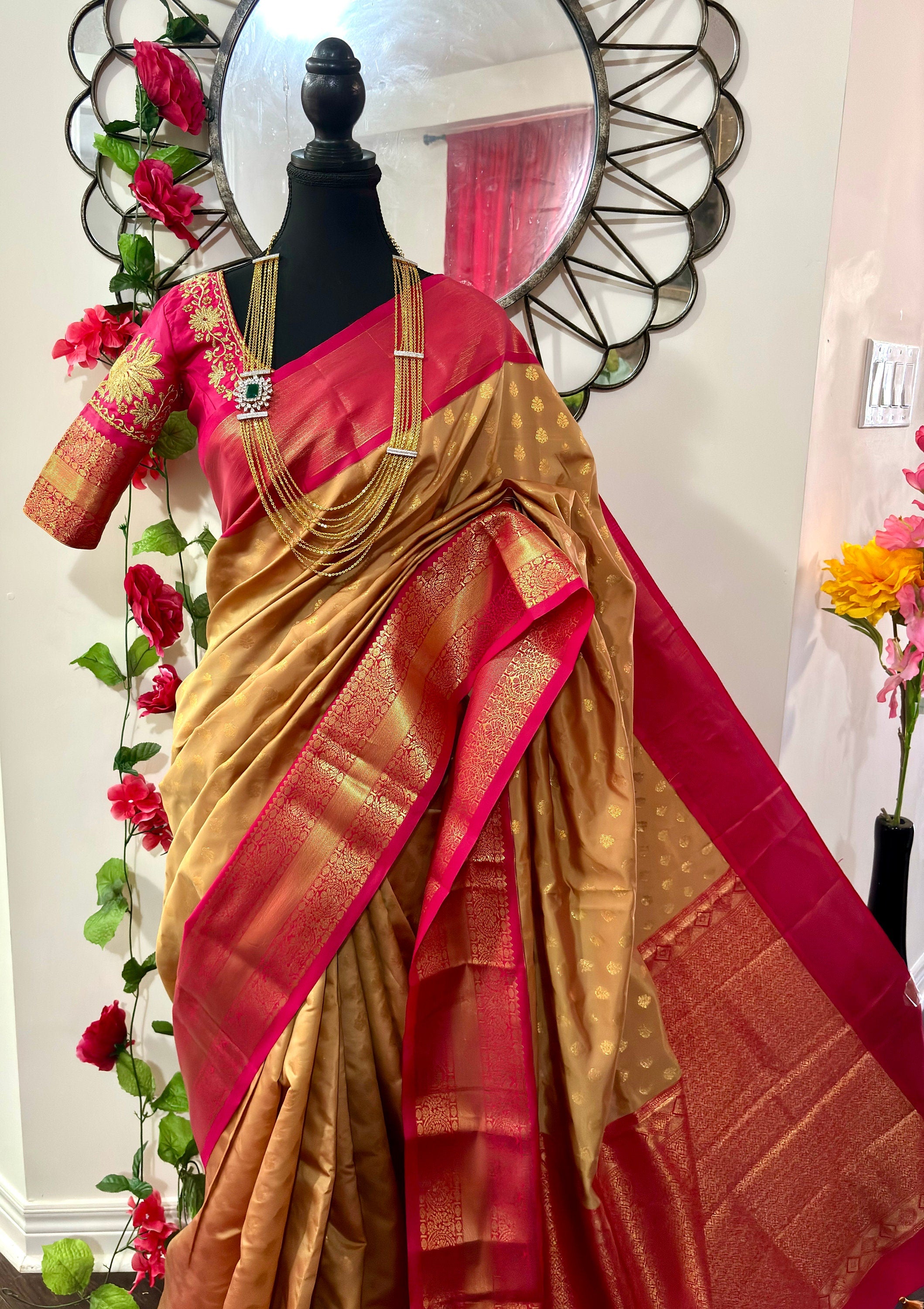Kanchipuram soft silk saree in rare colors with beautifully done hand  made embroidered blouse with ready to wear work blouse fits 32 to 46