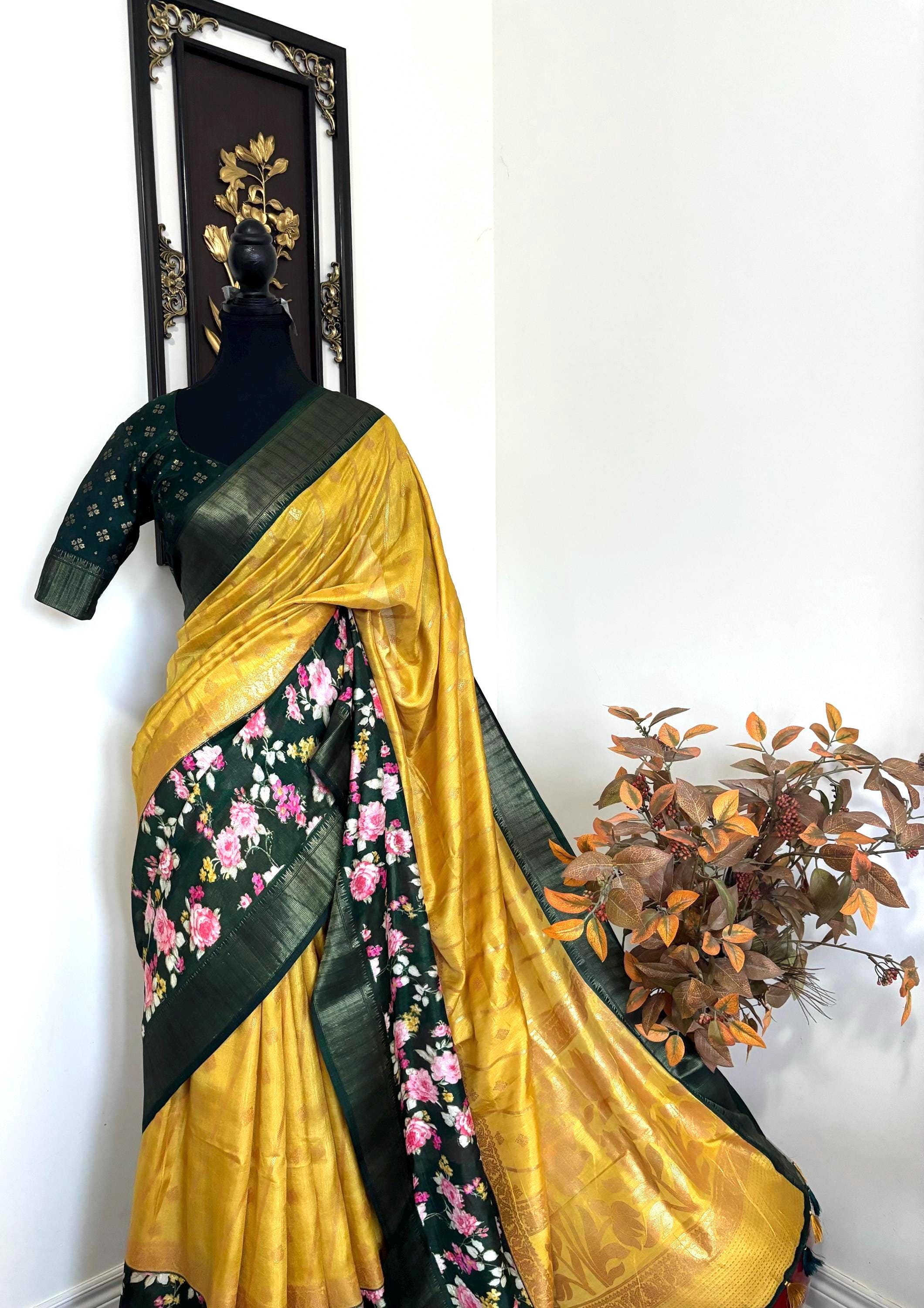 Light weight easy to drape Soft Silk fancy Saree; with beautiful pythani boarder, with Pochampalli design ready to wear Blouse fits 32-46