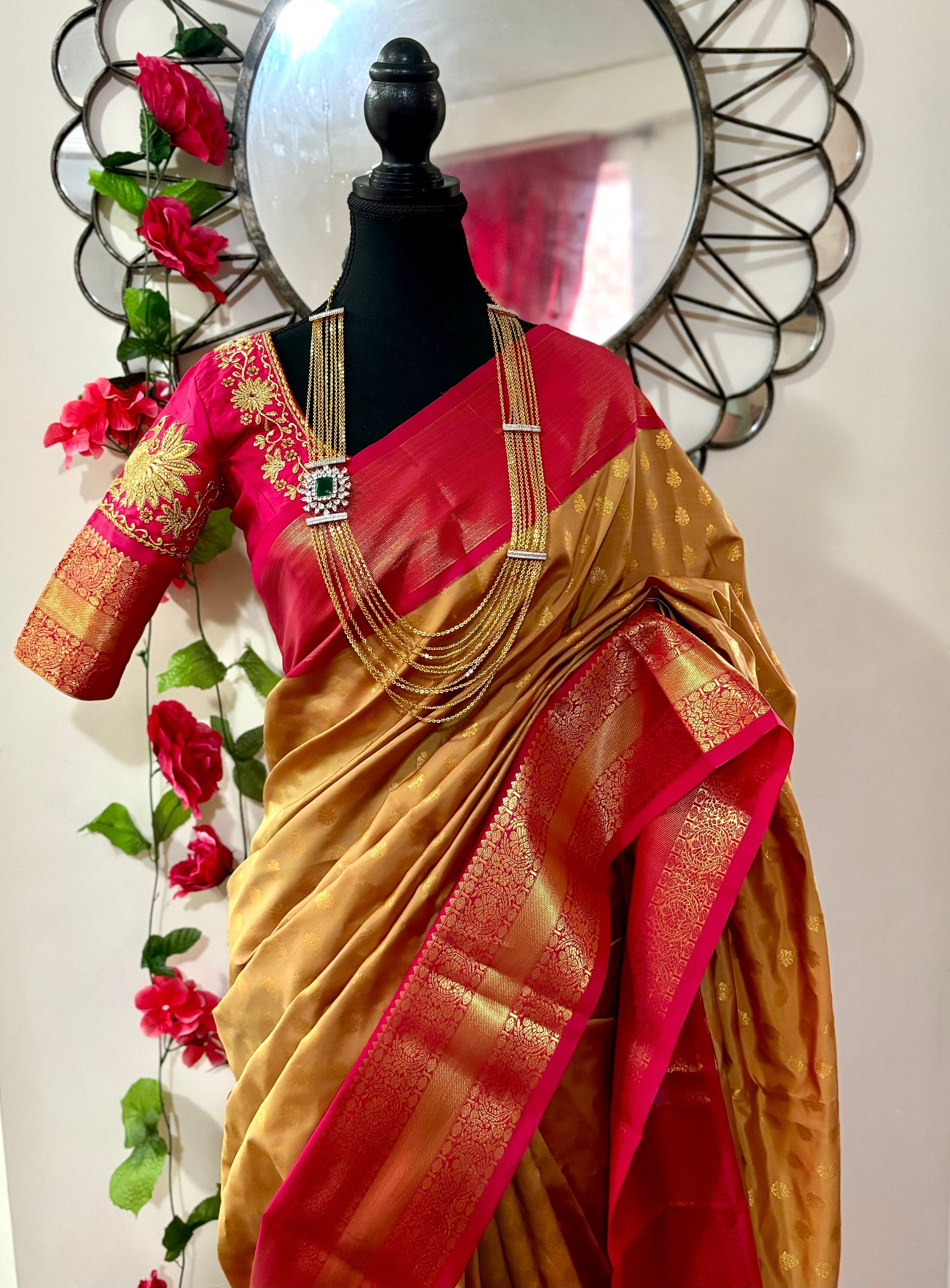 Kanchipuram soft silk saree in rare colors with beautifully done hand  made embroidered blouse with ready to wear work blouse fits 32 to 46
