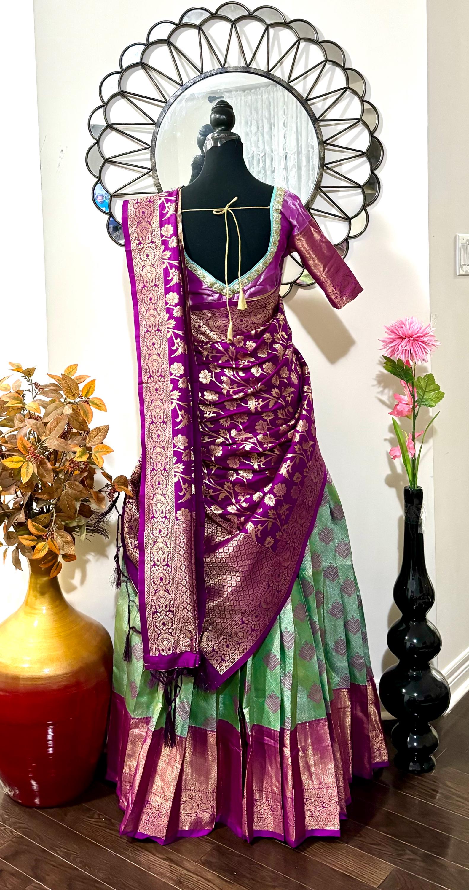 Beautiful colors Kanchi pattu Lihanga with beautiful Kanchi boarder is made of Handloom cloths ready with ready to wear blouse sizes 32 - 48