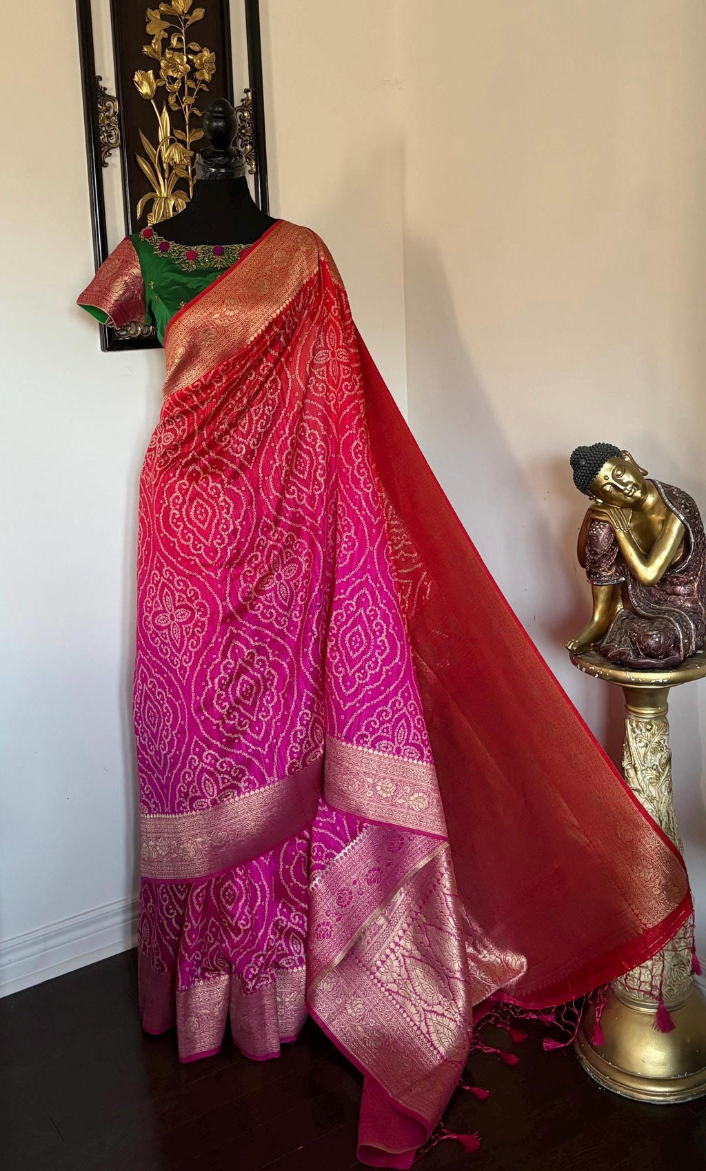 Beautiful cocktail dual shade banarasi  bandhini silk saree paired up pretty maggam blouse fits  sizes 32 -46 ready to wear prettiest blouse