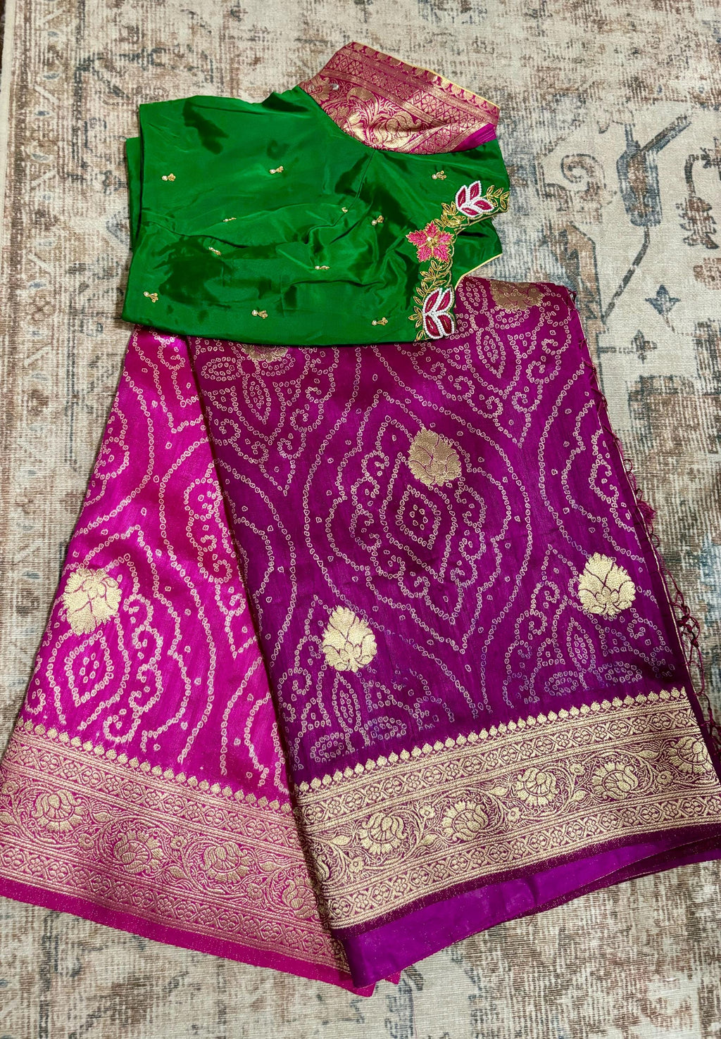Beautiful cocktail dual shade banarasi  bandhini silk saree paired up pretty maggam blouse fits  sizes 32 -46 ready to wear prettiest blouse