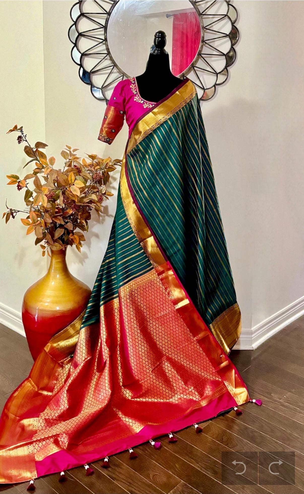 Kanchipuram soft silk saree in rarecolors with beautifully done hand  made embroidered blouse with readytowear work blouse fitsup to32 to 46