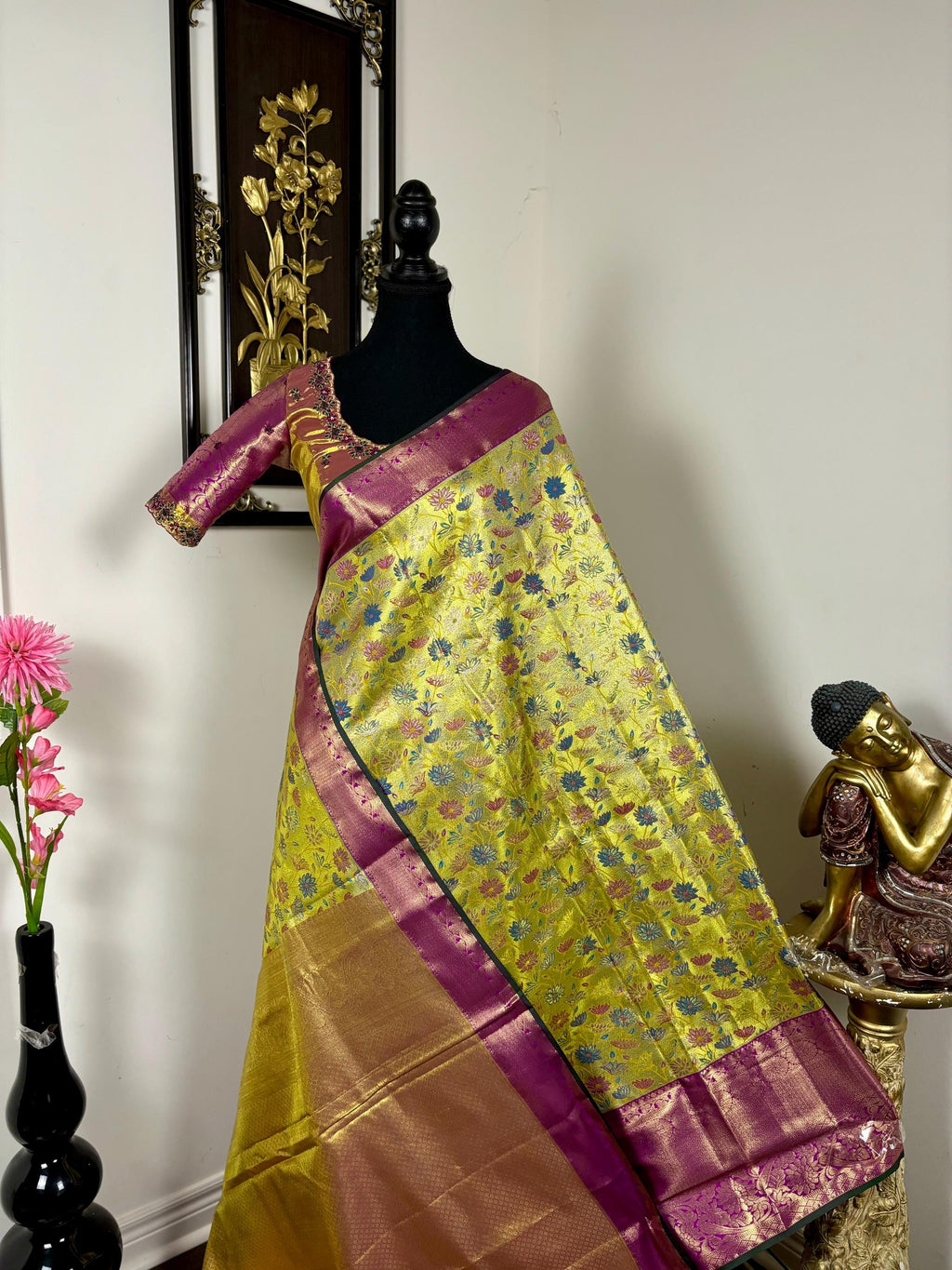 Kanchipuram tissu silk saree in rare colors with beautifully done hand  made embroidered blouse with ready to wear work blouse fits 32 to 46