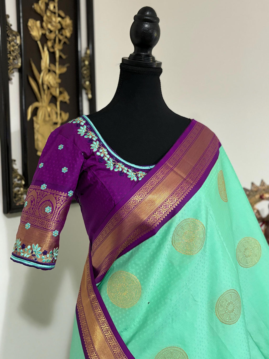 Kanchipuram soft silk saree in rare colors with beautifully done hand  made embroidered blouse with ready to wear work blouse fits 32 to 46